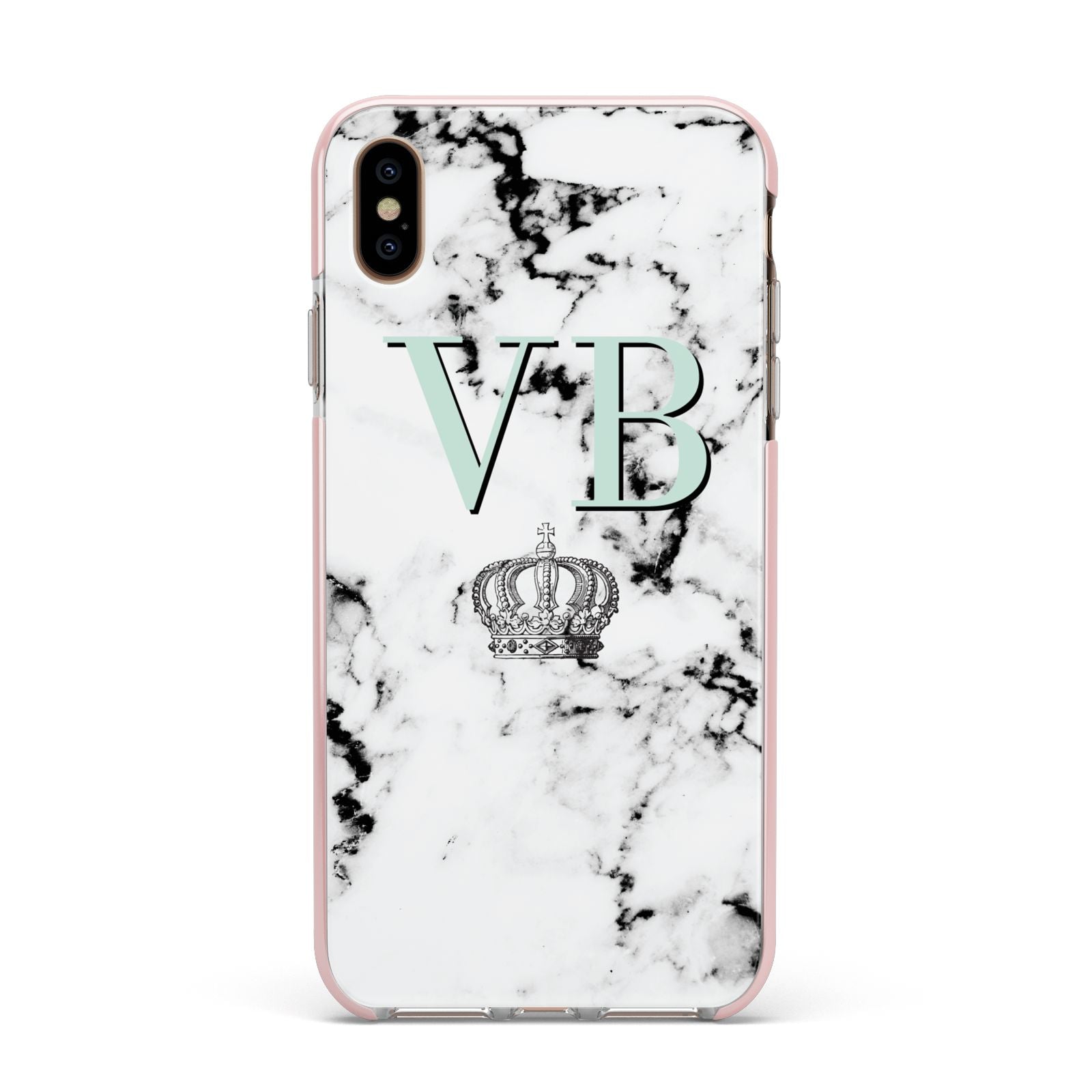 Personalised Mint Crown Initials Marble Apple iPhone Xs Max Impact Case Pink Edge on Gold Phone