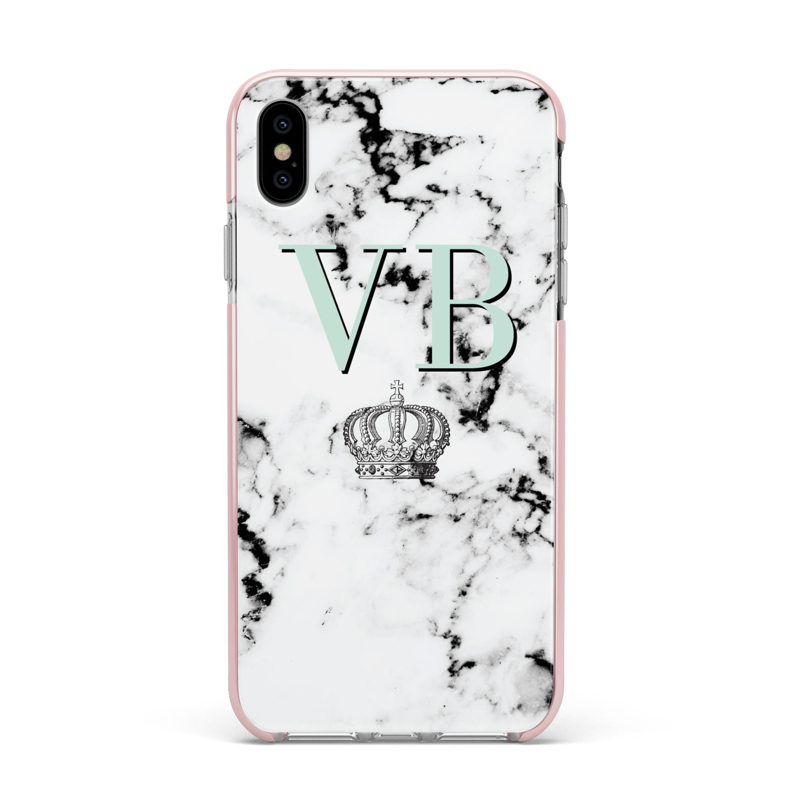 Personalised Mint Crown Initials Marble Apple iPhone Xs Max Impact Case Pink Edge on Silver Phone