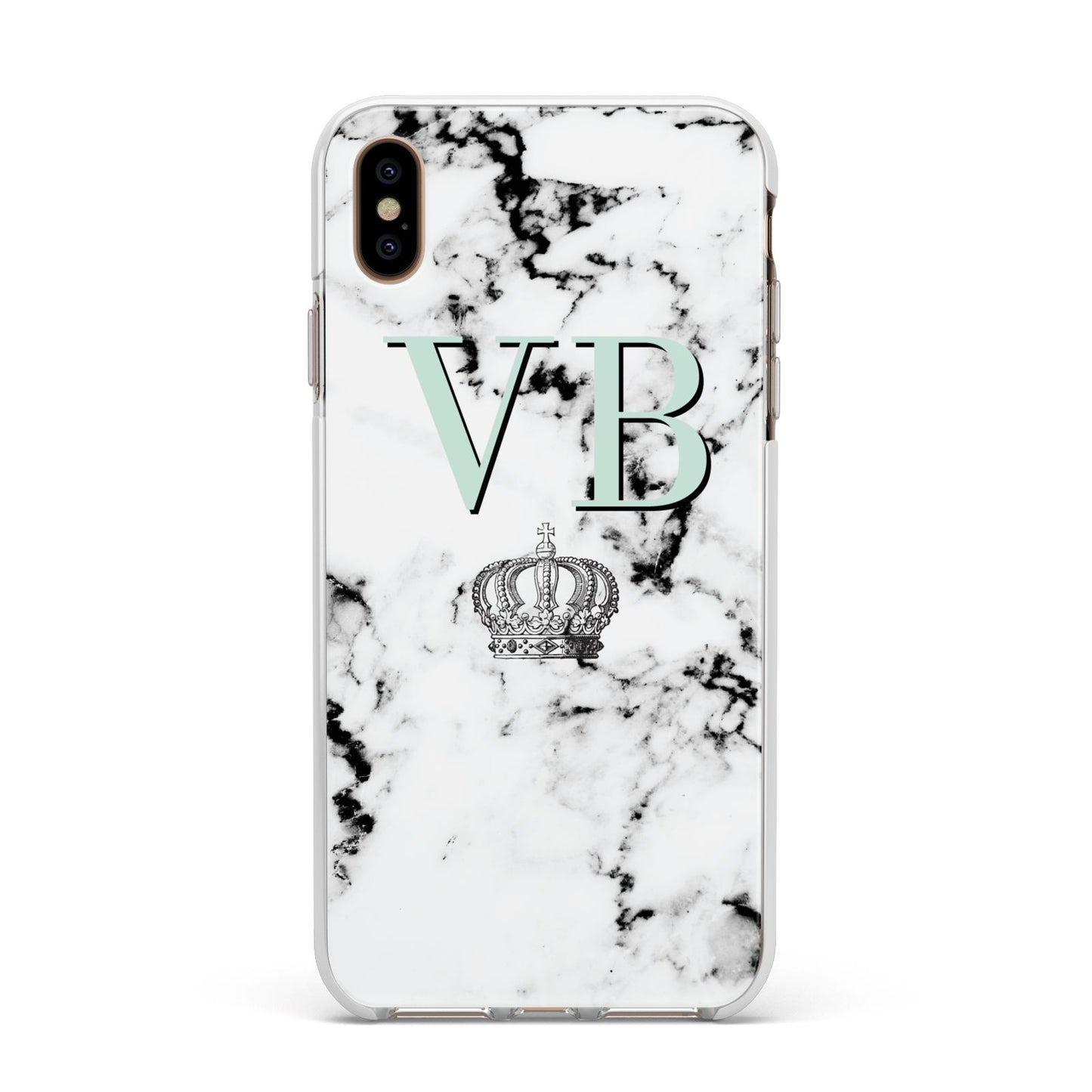 Personalised Mint Crown Initials Marble Apple iPhone Xs Max Impact Case White Edge on Gold Phone