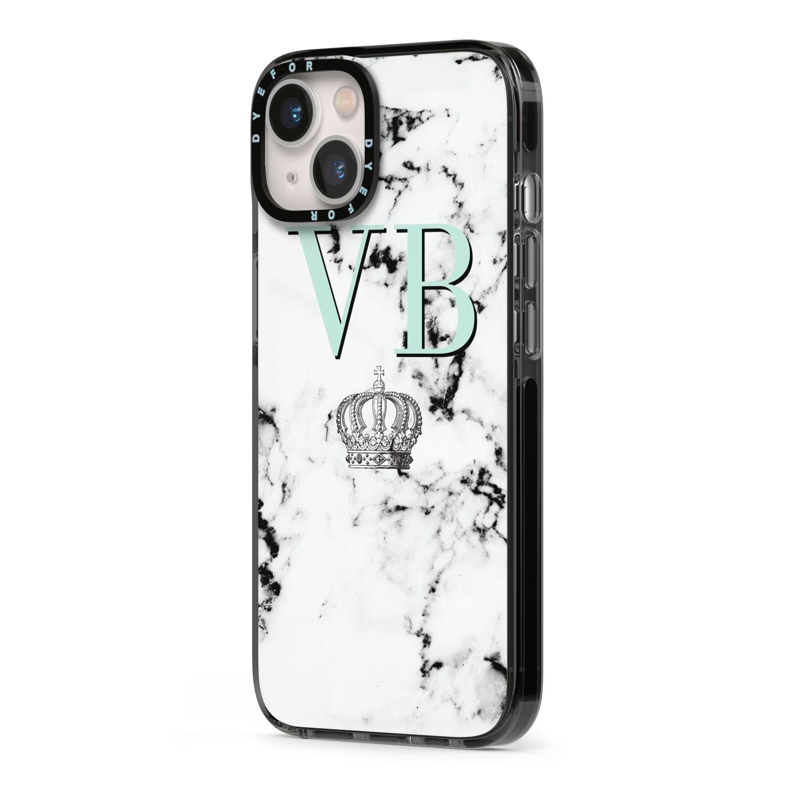 Personalised Mint Crown Initials Marble iPhone 13 Black Impact Case Side Angle on Silver phone