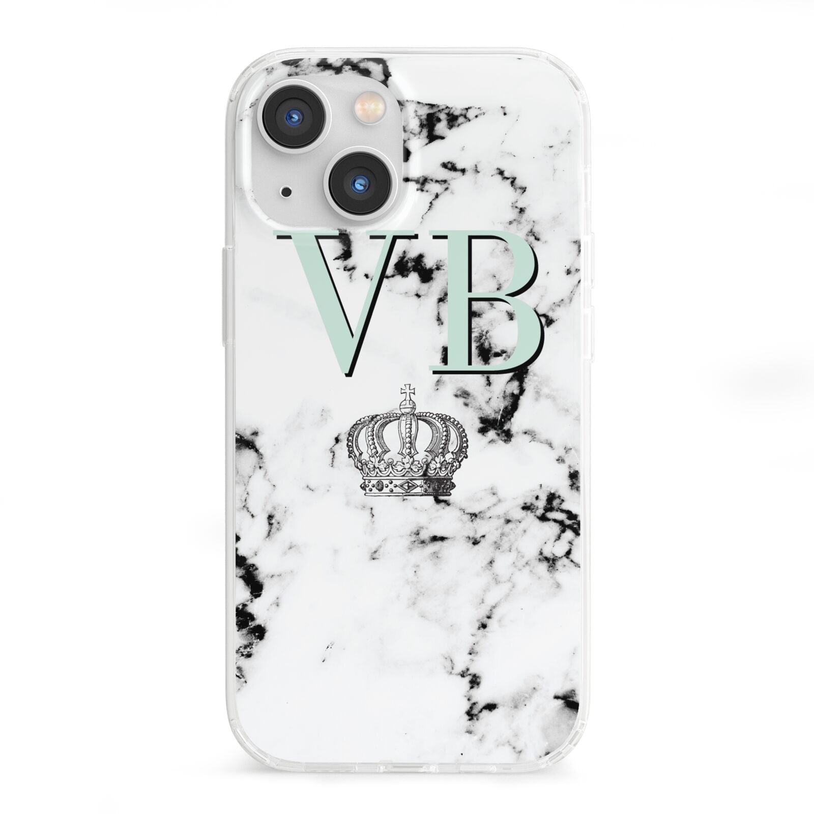 Personalised Mint Crown Initials Marble iPhone 13 Mini Clear Bumper Case