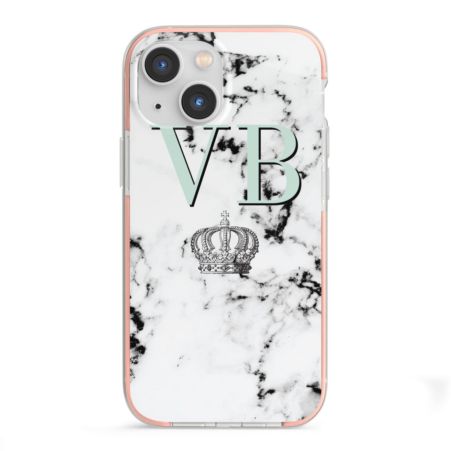 Personalised Mint Crown Initials Marble iPhone 13 Mini TPU Impact Case with Pink Edges