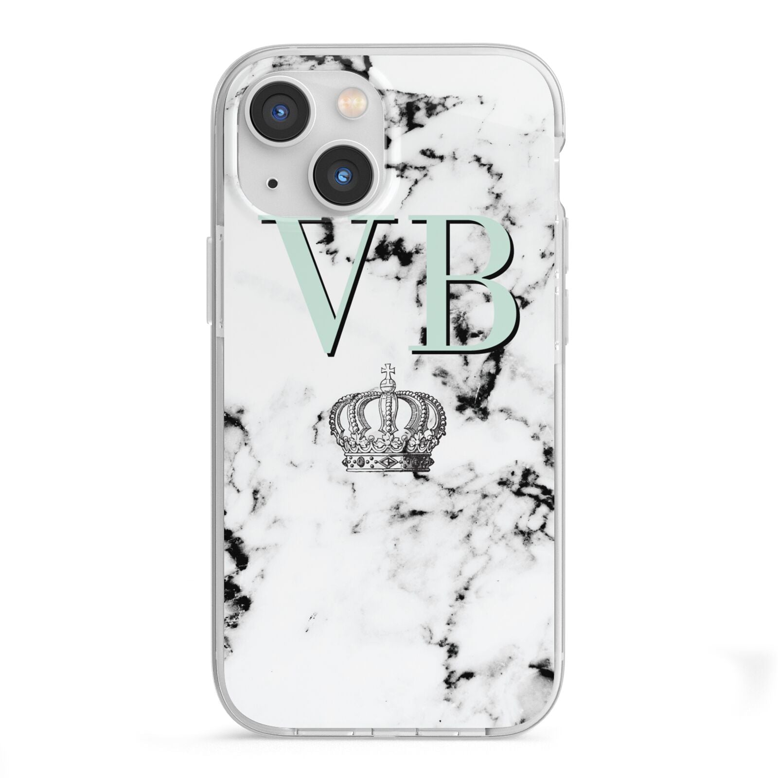 Personalised Mint Crown Initials Marble iPhone 13 Mini TPU Impact Case with White Edges