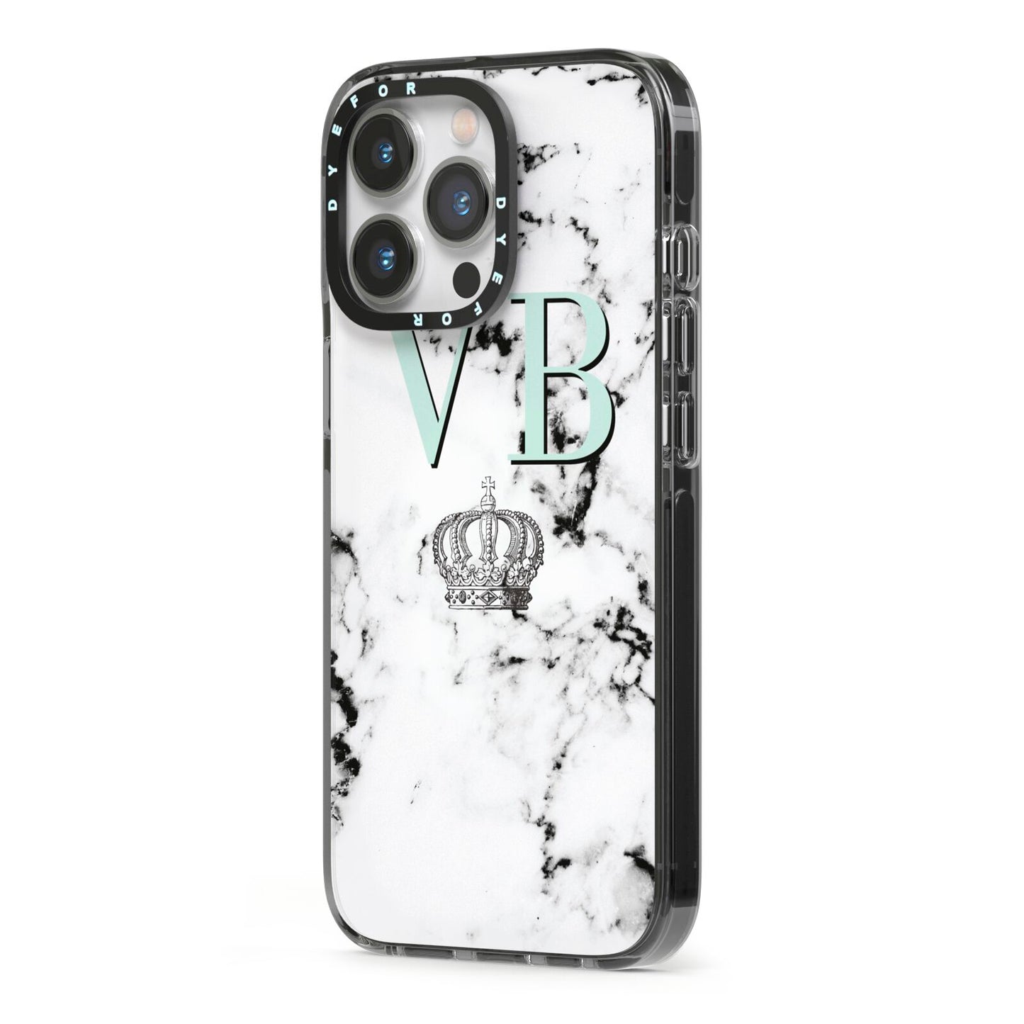 Personalised Mint Crown Initials Marble iPhone 13 Pro Black Impact Case Side Angle on Silver phone