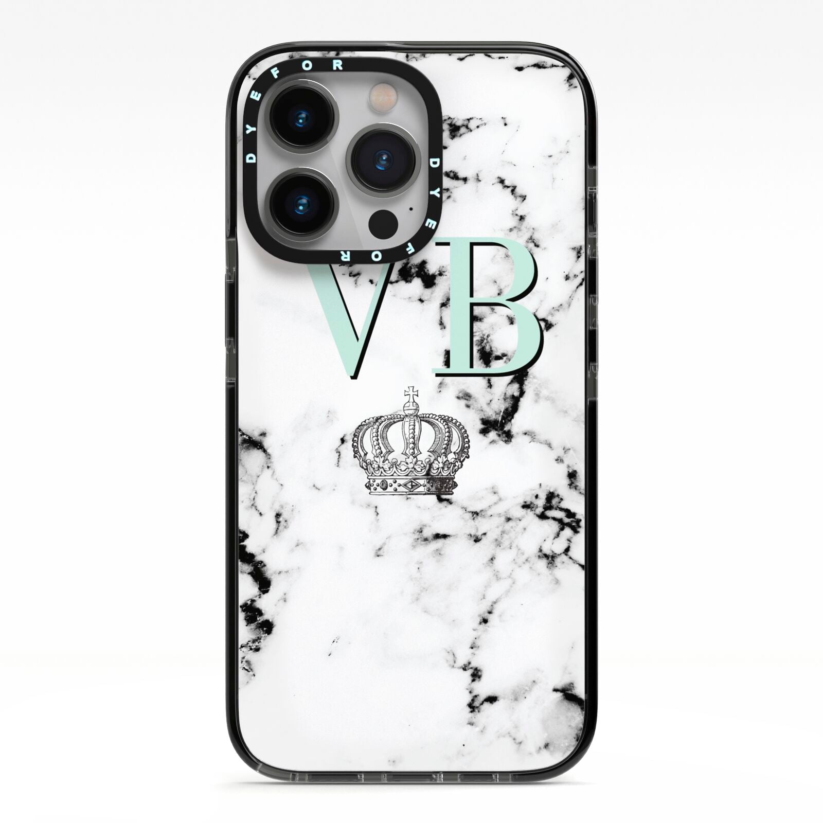 Personalised Mint Crown Initials Marble iPhone 13 Pro Black Impact Case on Silver phone