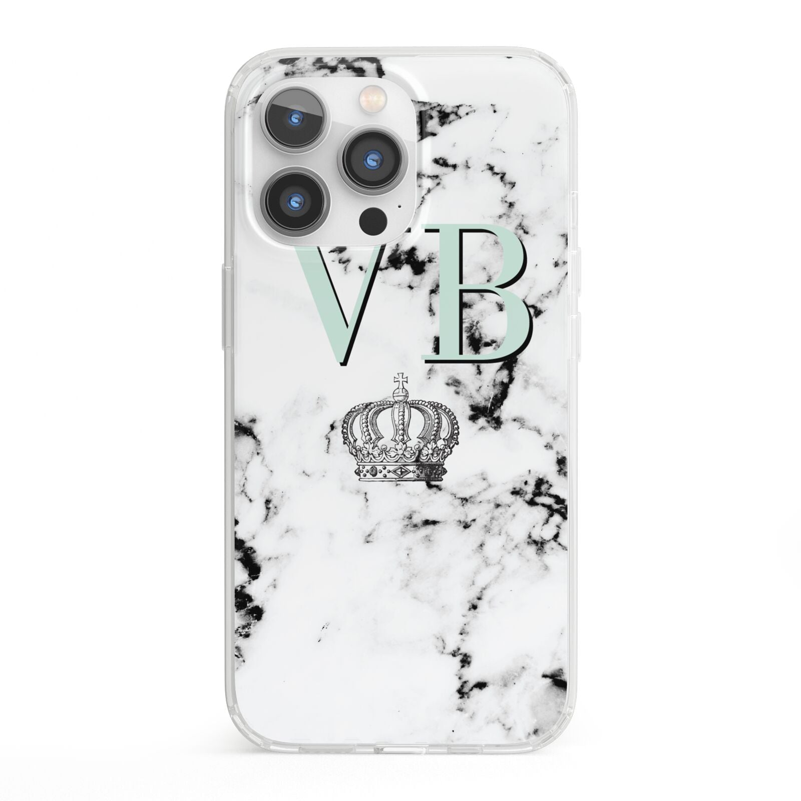 Personalised Mint Crown Initials Marble iPhone 13 Pro Clear Bumper Case