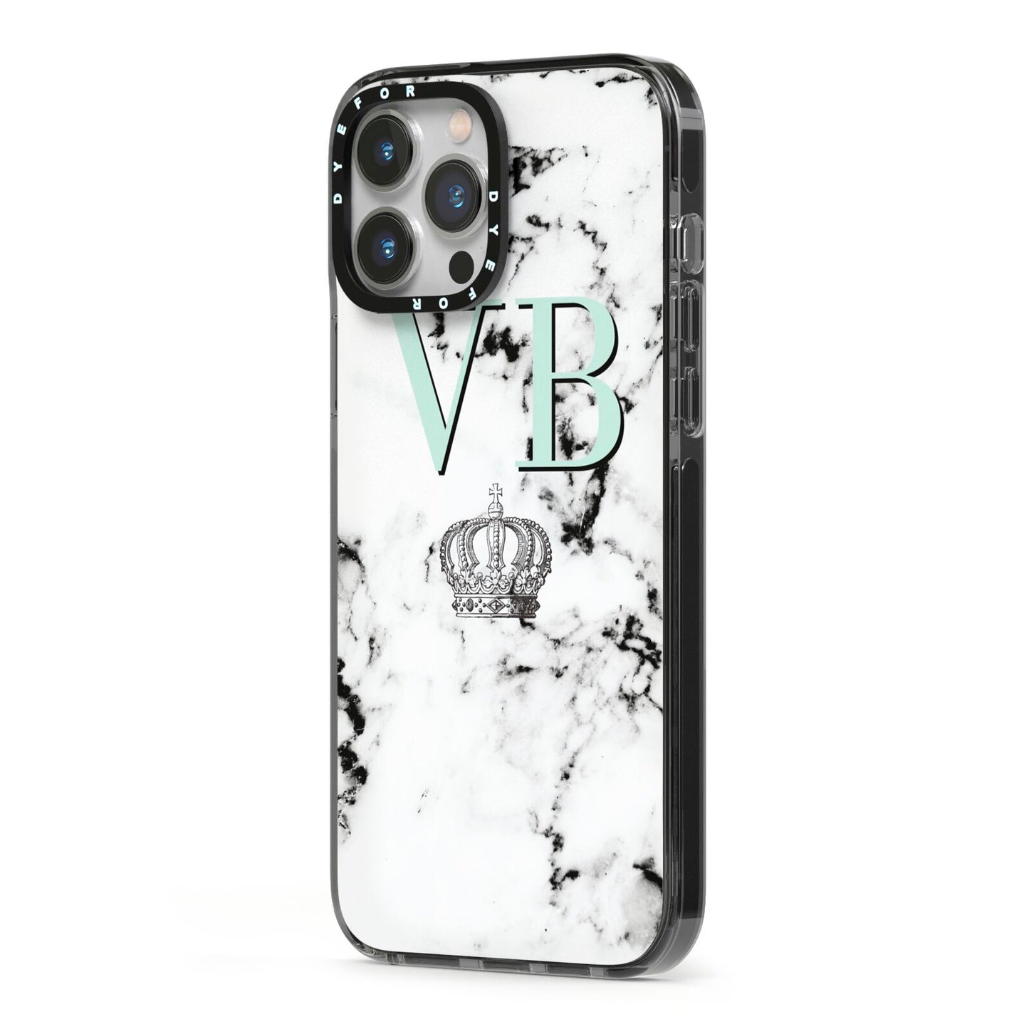 Personalised Mint Crown Initials Marble iPhone 13 Pro Max Black Impact Case Side Angle on Silver phone