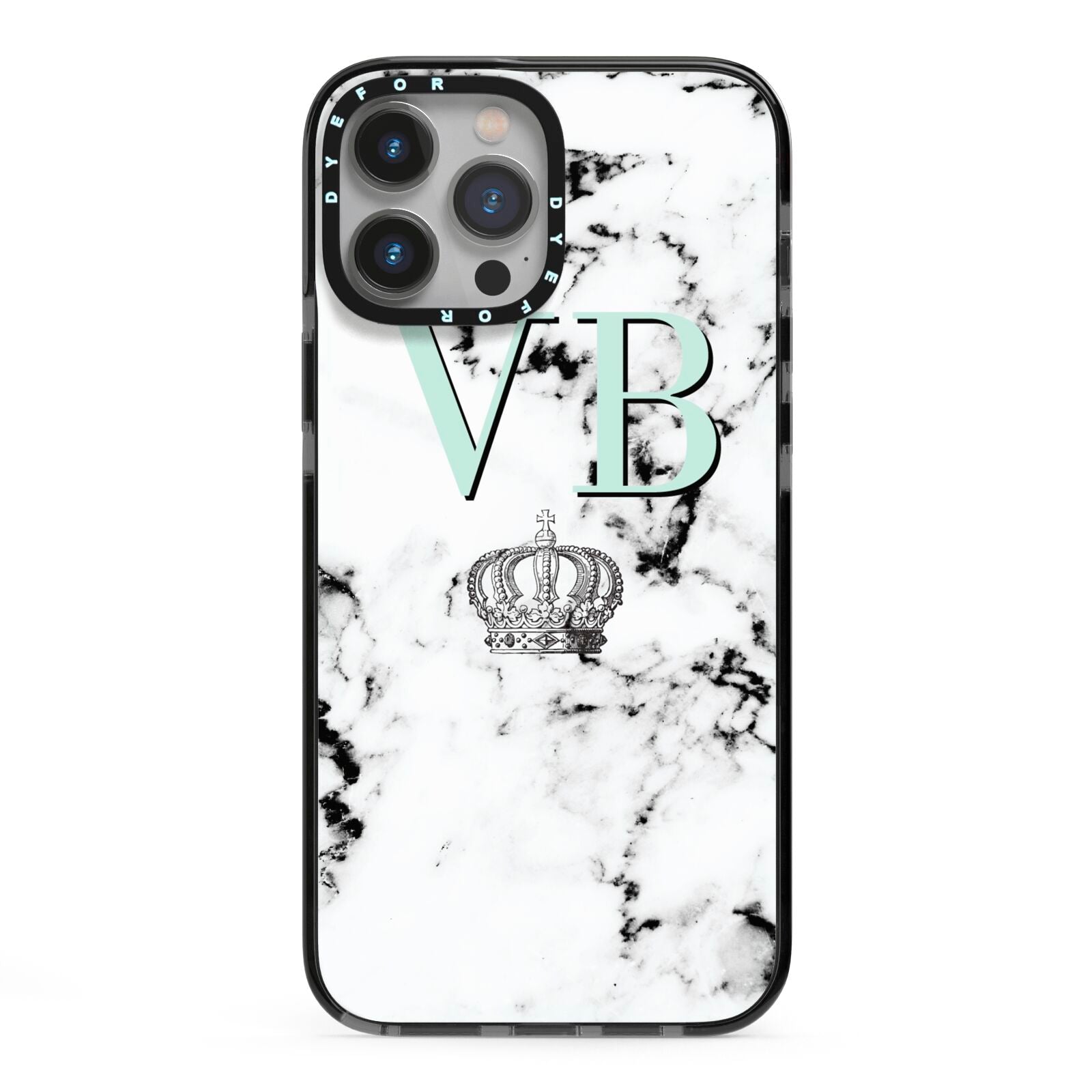 Personalised Mint Crown Initials Marble iPhone 13 Pro Max Black Impact Case on Silver phone