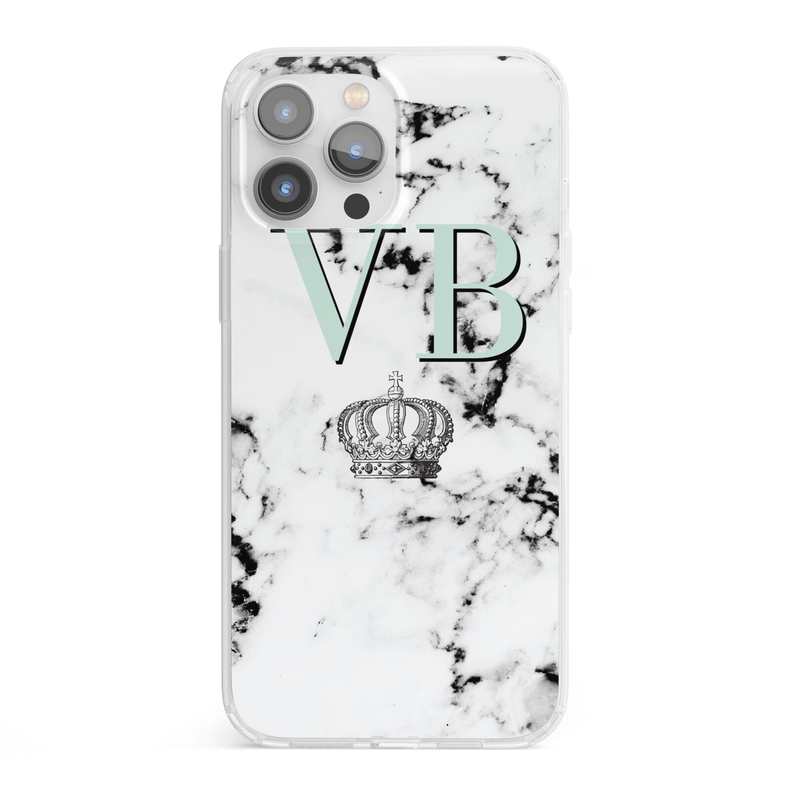 Personalised Mint Crown Initials Marble iPhone 13 Pro Max Clear Bumper Case