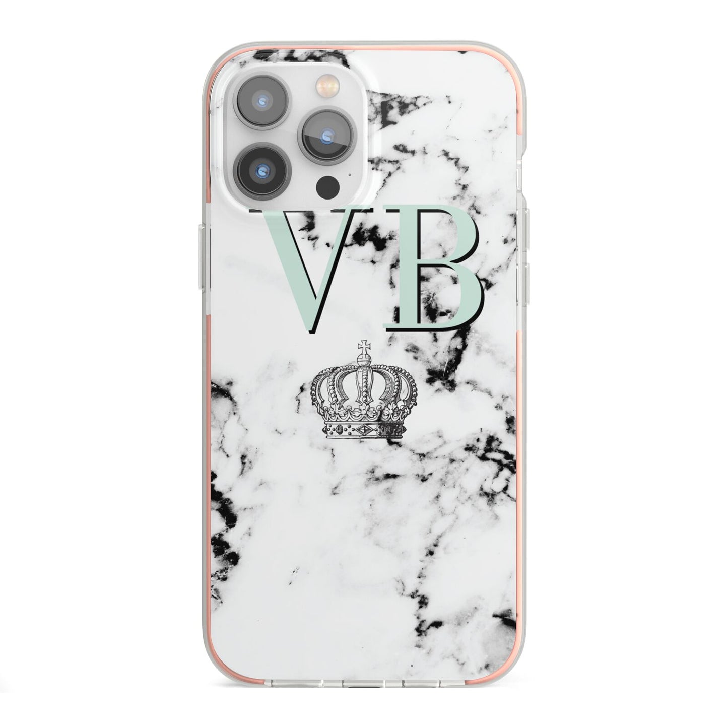 Personalised Mint Crown Initials Marble iPhone 13 Pro Max TPU Impact Case with Pink Edges