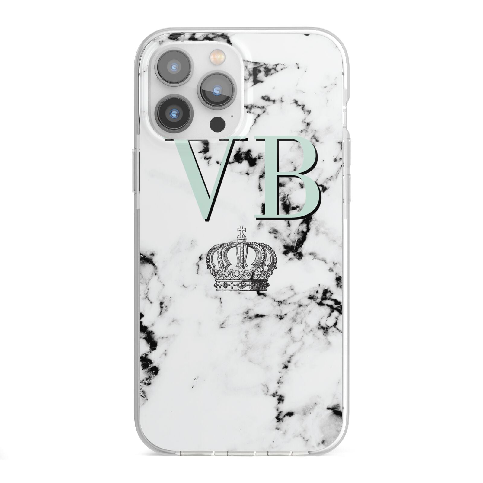 Personalised Mint Crown Initials Marble iPhone 13 Pro Max TPU Impact Case with White Edges