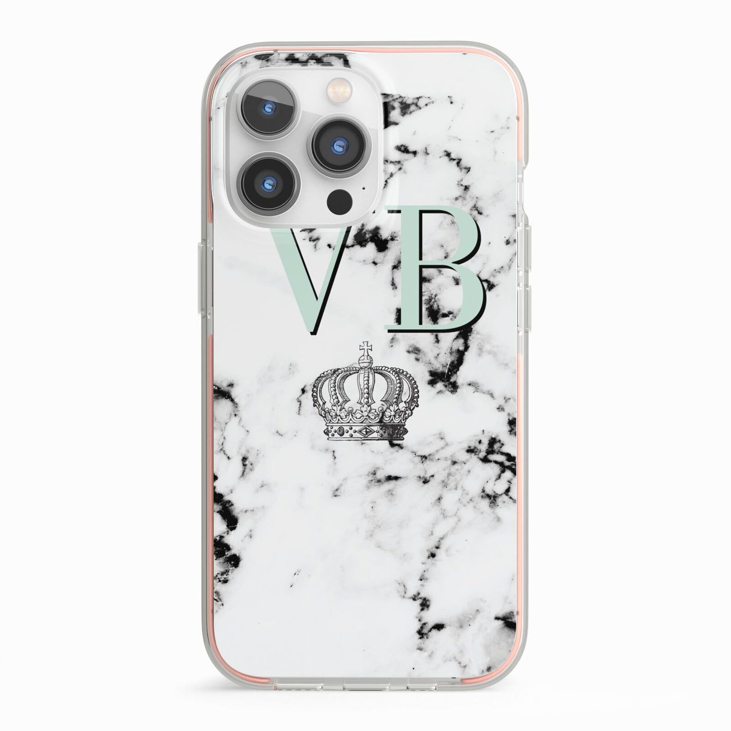 Personalised Mint Crown Initials Marble iPhone 13 Pro TPU Impact Case with Pink Edges