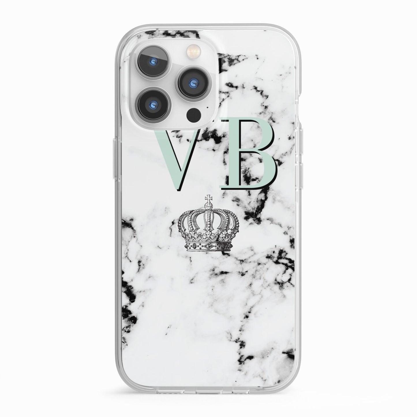 Personalised Mint Crown Initials Marble iPhone 13 Pro TPU Impact Case with White Edges