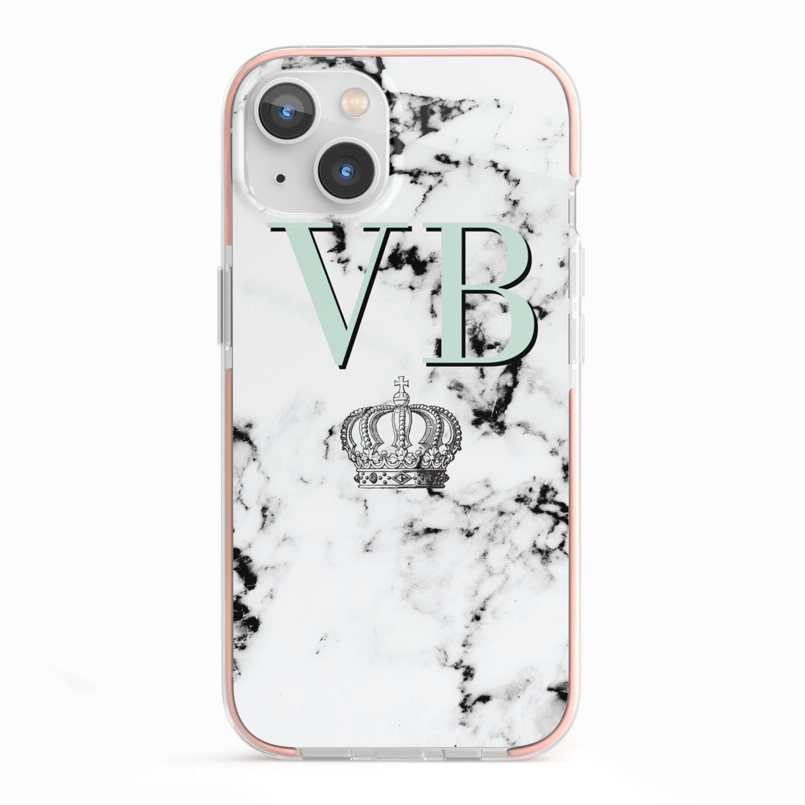 Personalised Mint Crown Initials Marble iPhone 13 TPU Impact Case with Pink Edges