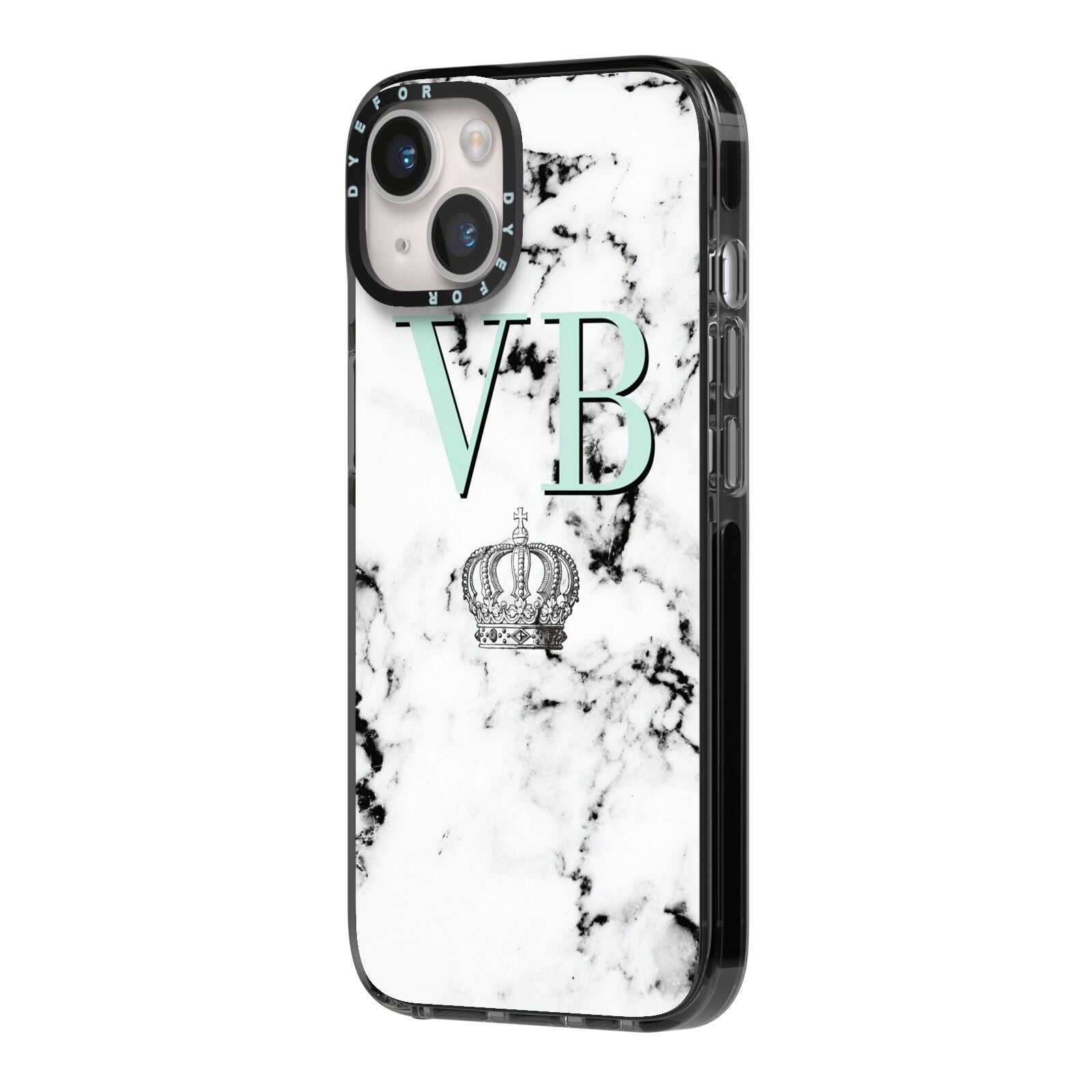 Personalised Mint Crown Initials Marble iPhone 14 Black Impact Case Side Angle on Silver phone