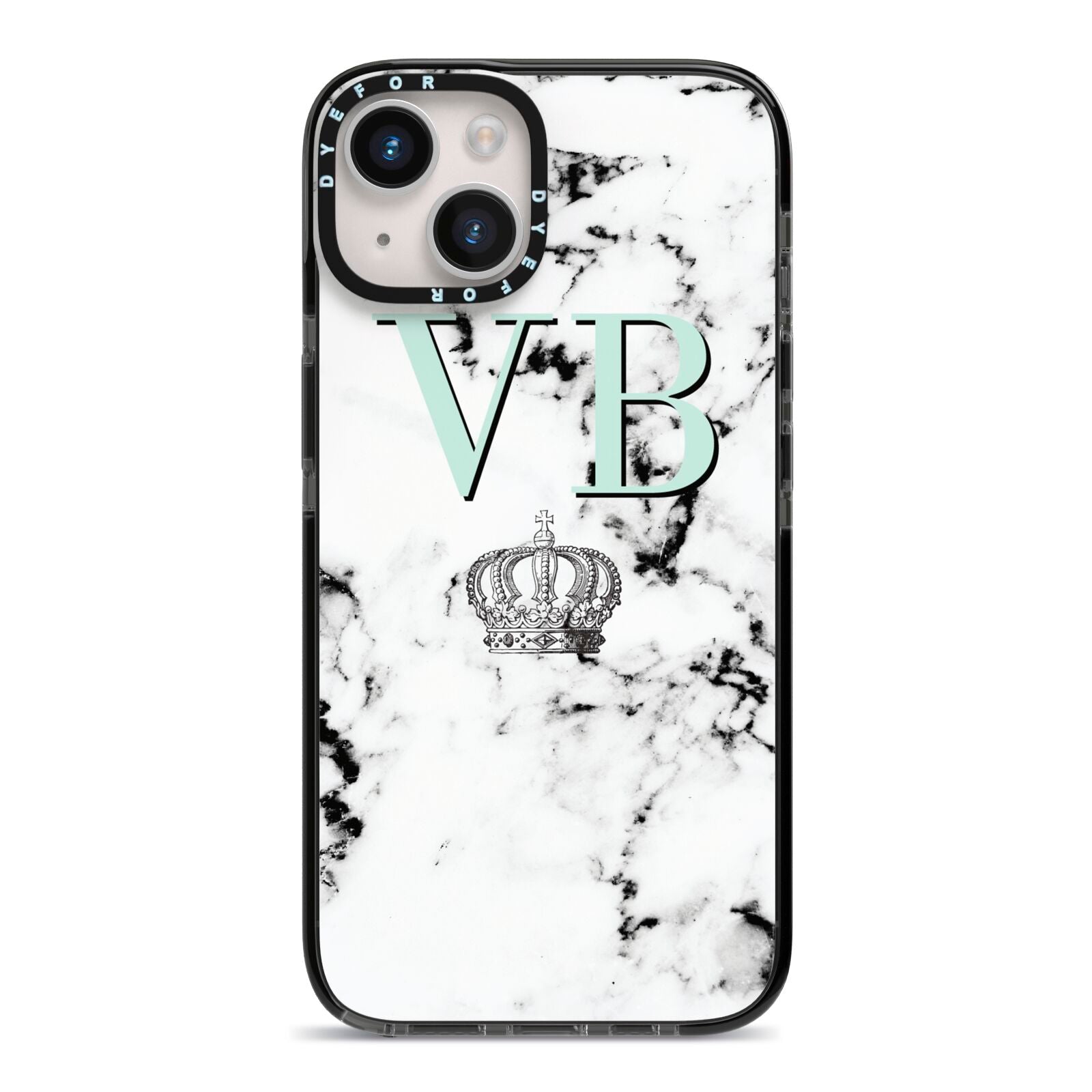 Personalised Mint Crown Initials Marble iPhone 14 Black Impact Case on Silver phone