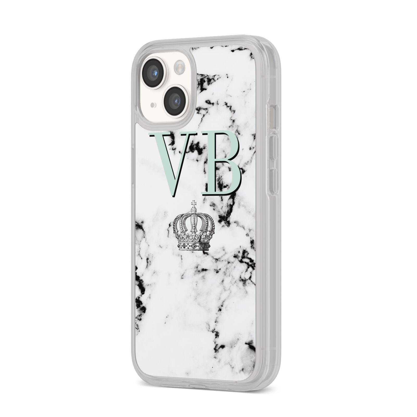 Personalised Mint Crown Initials Marble iPhone 14 Clear Tough Case Starlight Angled Image