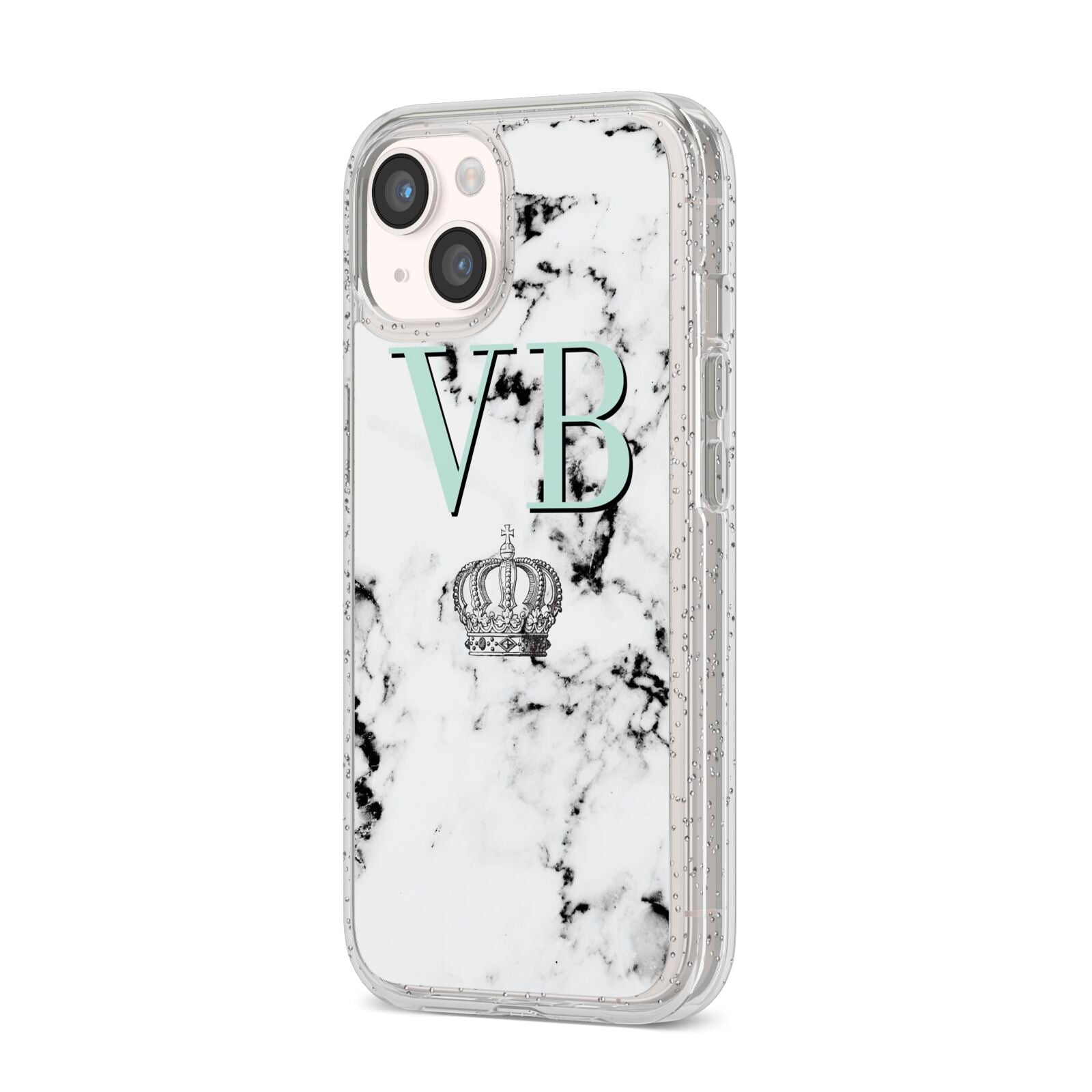 Personalised Mint Crown Initials Marble iPhone 14 Glitter Tough Case Starlight Angled Image