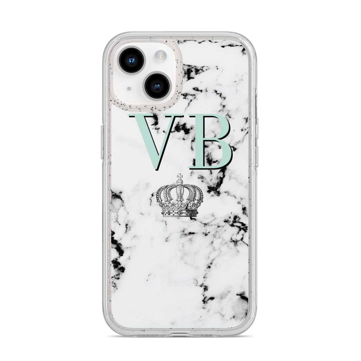 Personalised Mint Crown Initials Marble iPhone 14 Glitter Tough Case Starlight