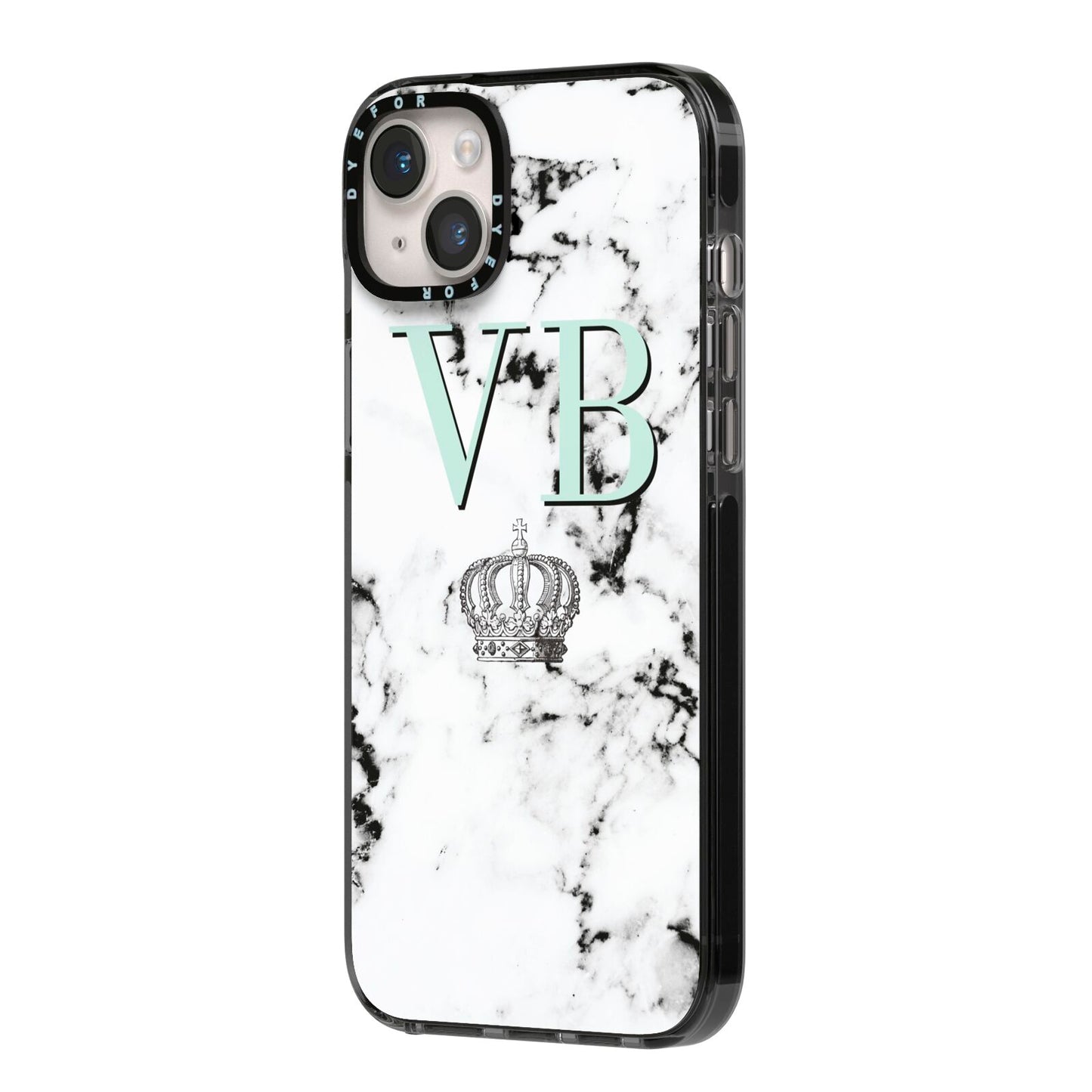 Personalised Mint Crown Initials Marble iPhone 14 Plus Black Impact Case Side Angle on Silver phone