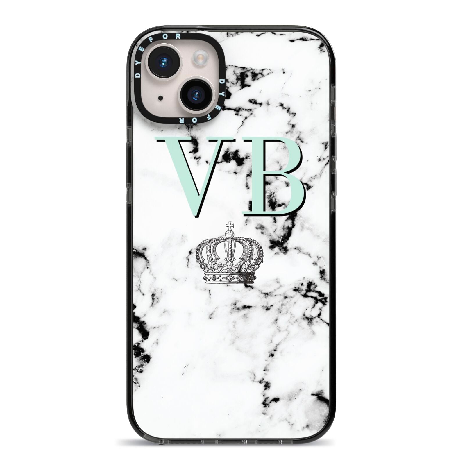 Personalised Mint Crown Initials Marble iPhone 14 Plus Black Impact Case on Silver phone