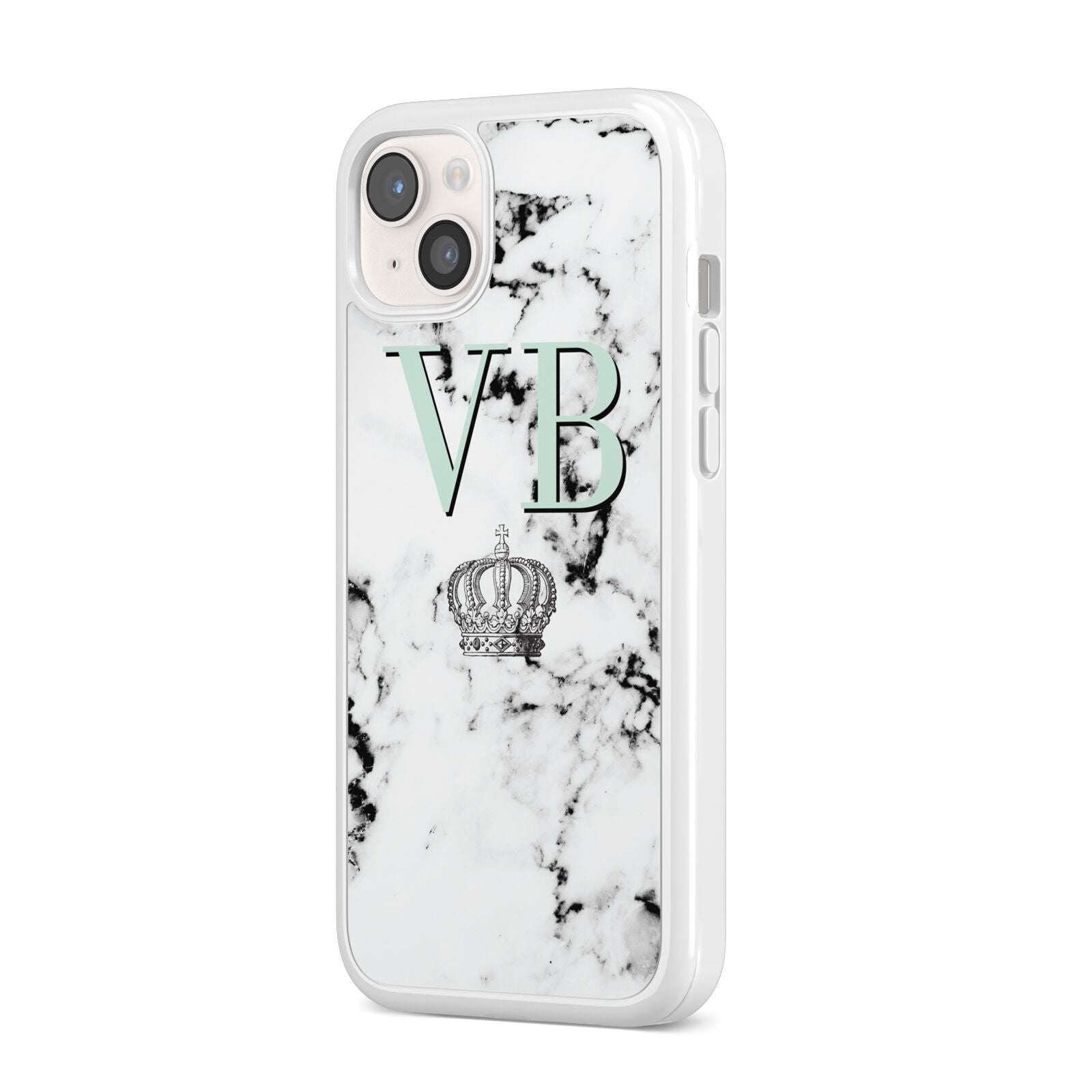 Personalised Mint Crown Initials Marble iPhone 14 Plus Clear Tough Case Starlight Angled Image