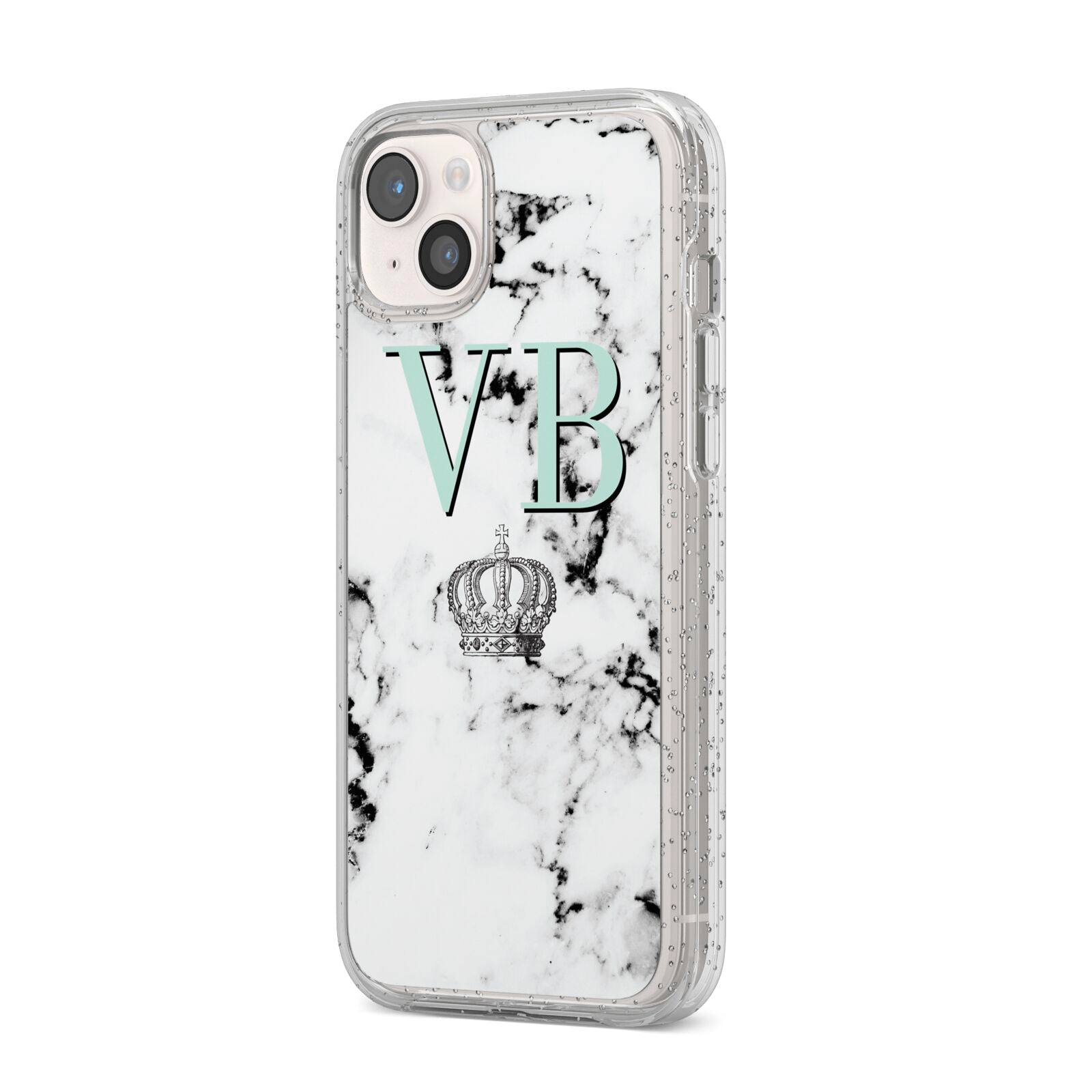 Personalised Mint Crown Initials Marble iPhone 14 Plus Glitter Tough Case Starlight Angled Image