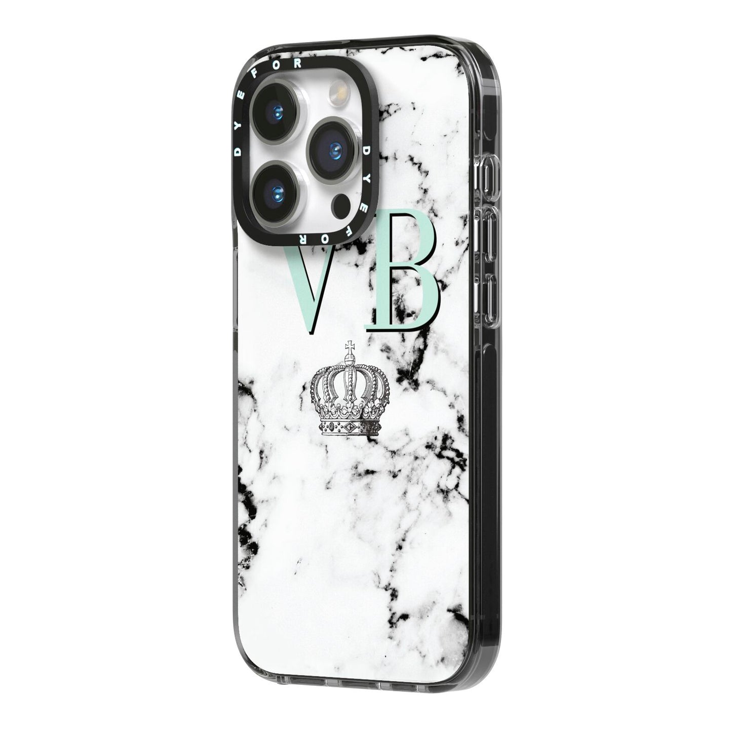 Personalised Mint Crown Initials Marble iPhone 14 Pro Black Impact Case Side Angle on Silver phone