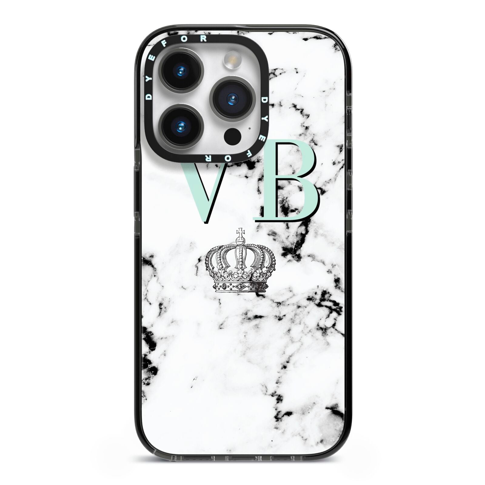 Personalised Mint Crown Initials Marble iPhone 14 Pro Black Impact Case on Silver phone