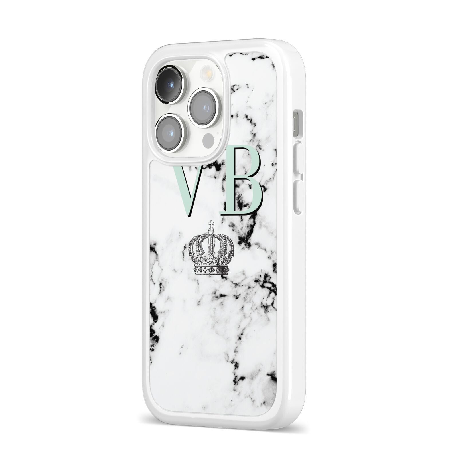 Personalised Mint Crown Initials Marble iPhone 14 Pro Clear Tough Case Silver Angled Image