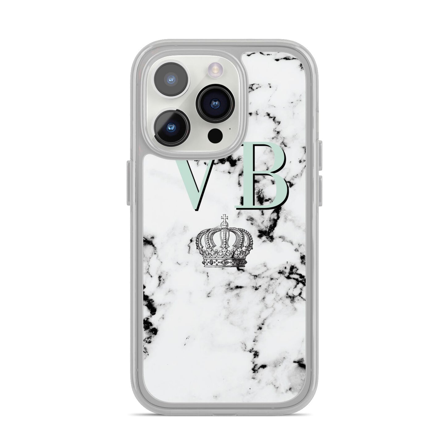 Personalised Mint Crown Initials Marble iPhone 14 Pro Clear Tough Case Silver