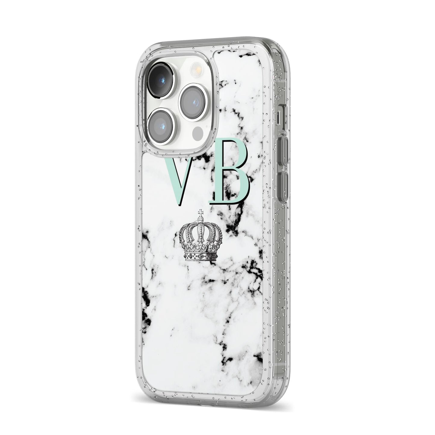 Personalised Mint Crown Initials Marble iPhone 14 Pro Glitter Tough Case Silver Angled Image