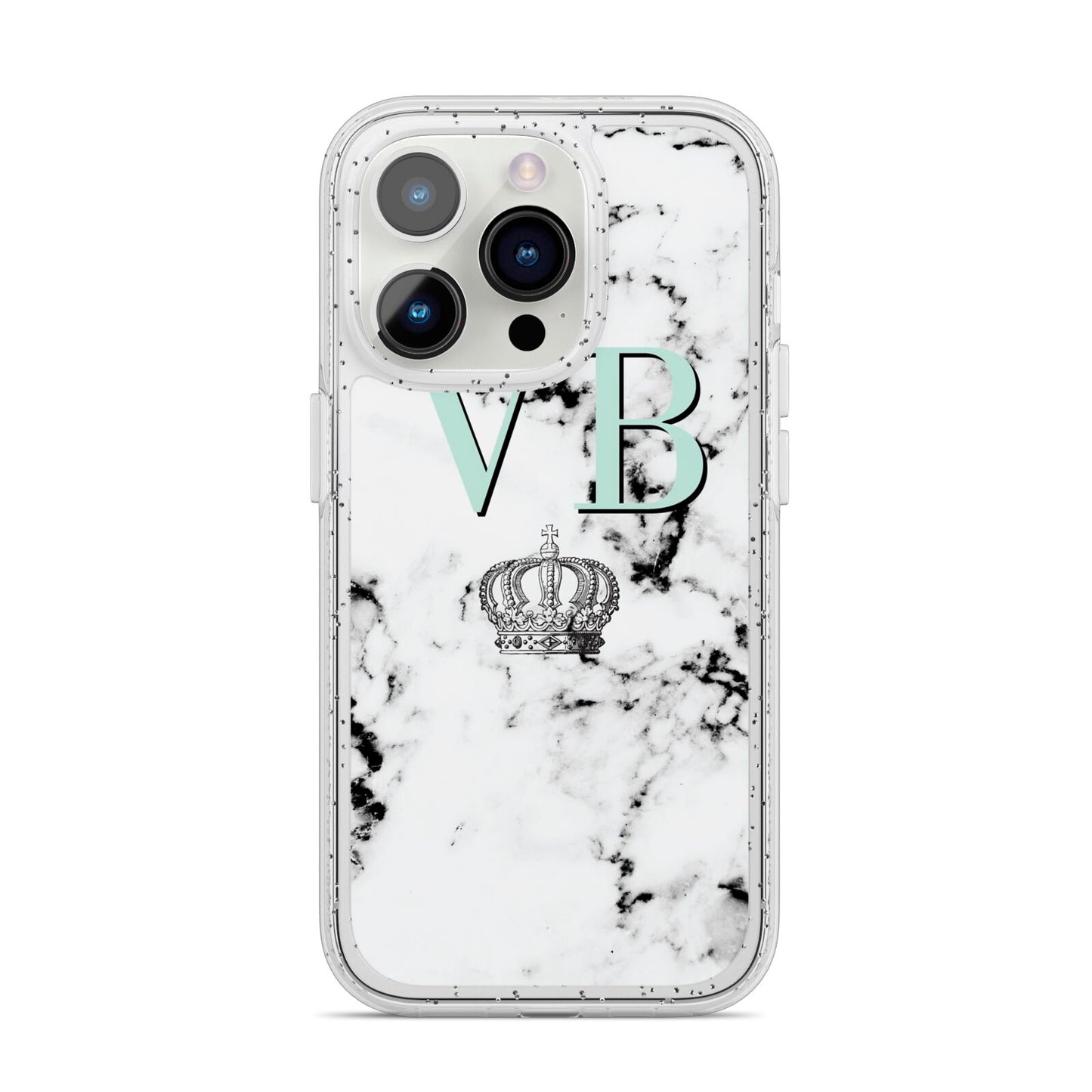 Personalised Mint Crown Initials Marble iPhone 14 Pro Glitter Tough Case Silver