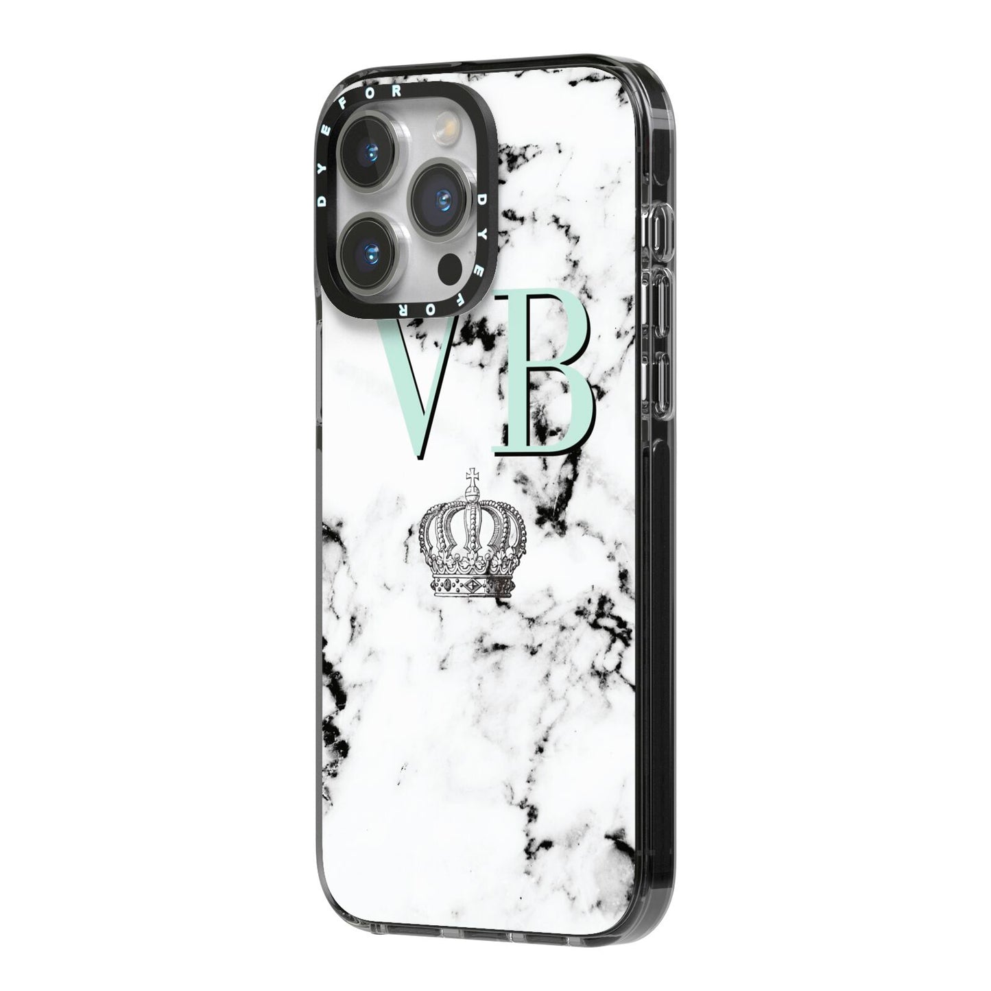 Personalised Mint Crown Initials Marble iPhone 14 Pro Max Black Impact Case Side Angle on Silver phone