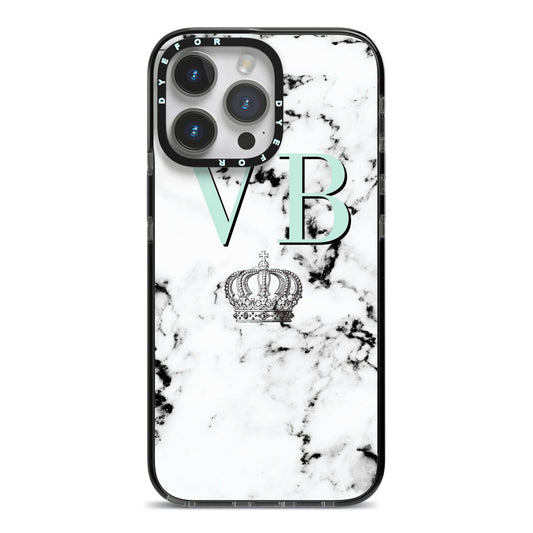Personalised Mint Crown Initials Marble iPhone 14 Pro Max Black Impact Case on Silver phone
