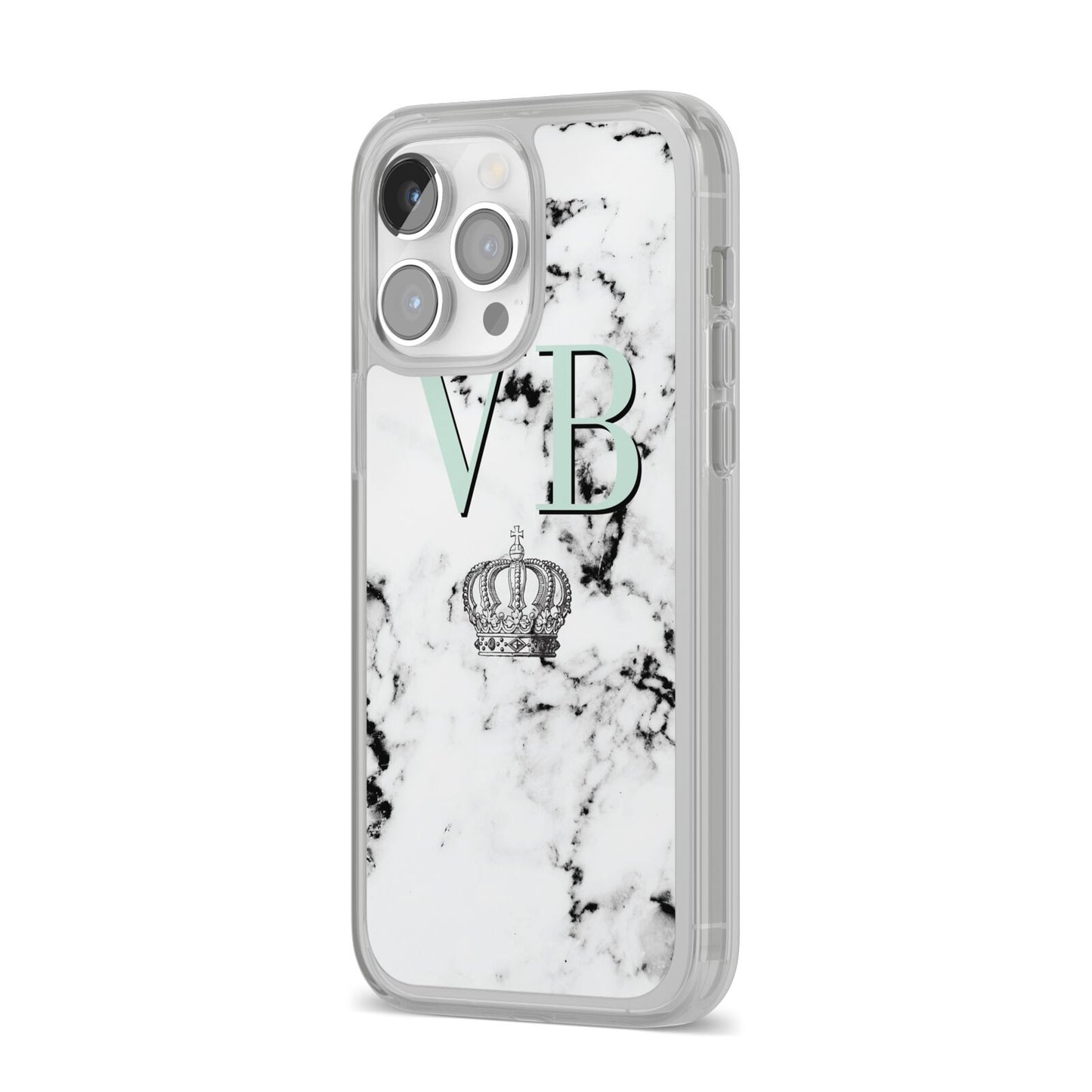 Personalised Mint Crown Initials Marble iPhone 14 Pro Max Clear Tough Case Silver Angled Image