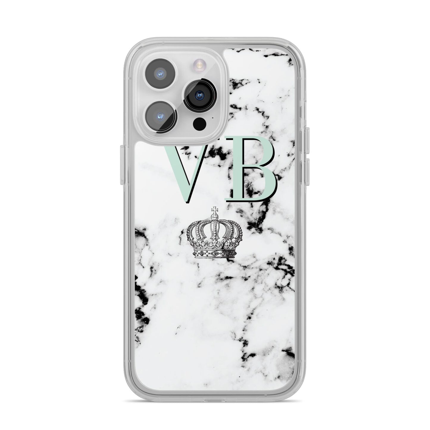 Personalised Mint Crown Initials Marble iPhone 14 Pro Max Clear Tough Case Silver