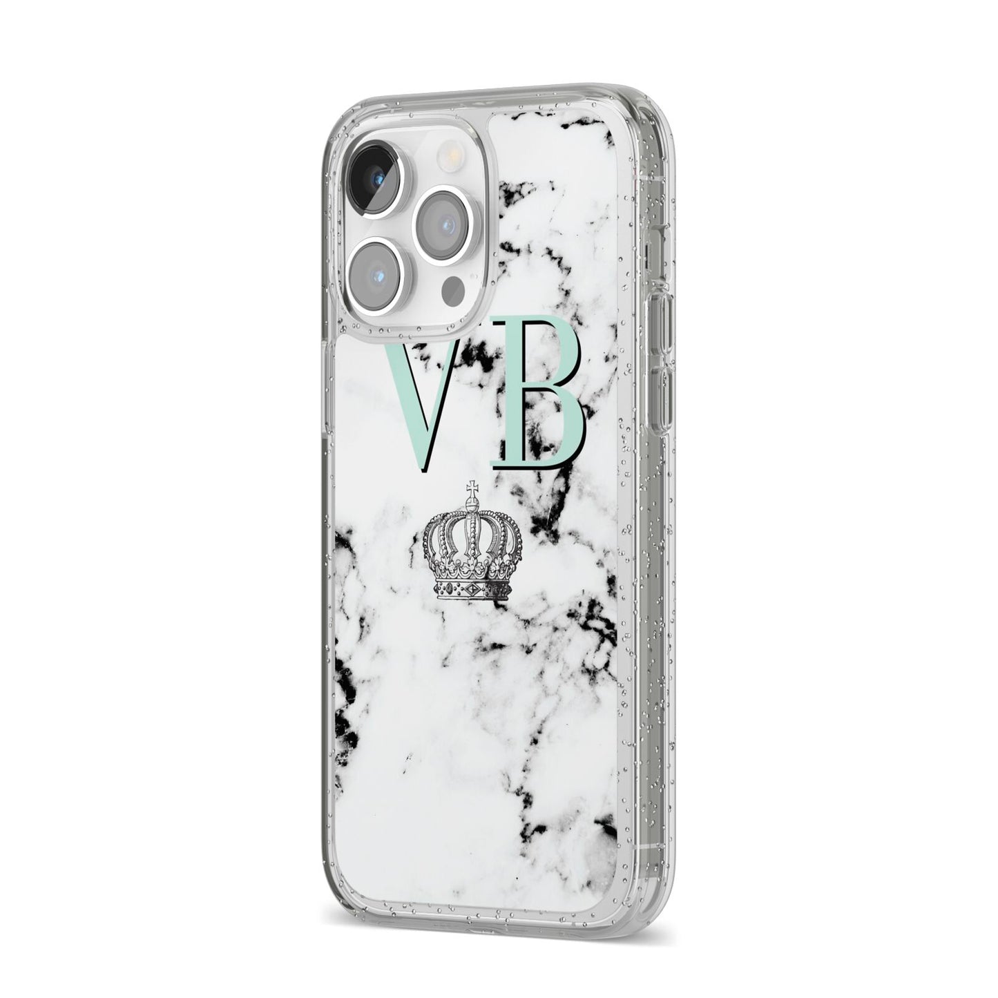 Personalised Mint Crown Initials Marble iPhone 14 Pro Max Glitter Tough Case Silver Angled Image