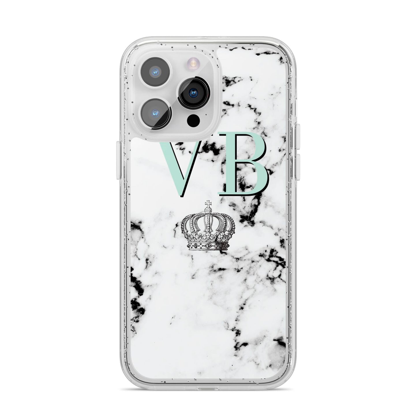 Personalised Mint Crown Initials Marble iPhone 14 Pro Max Glitter Tough Case Silver