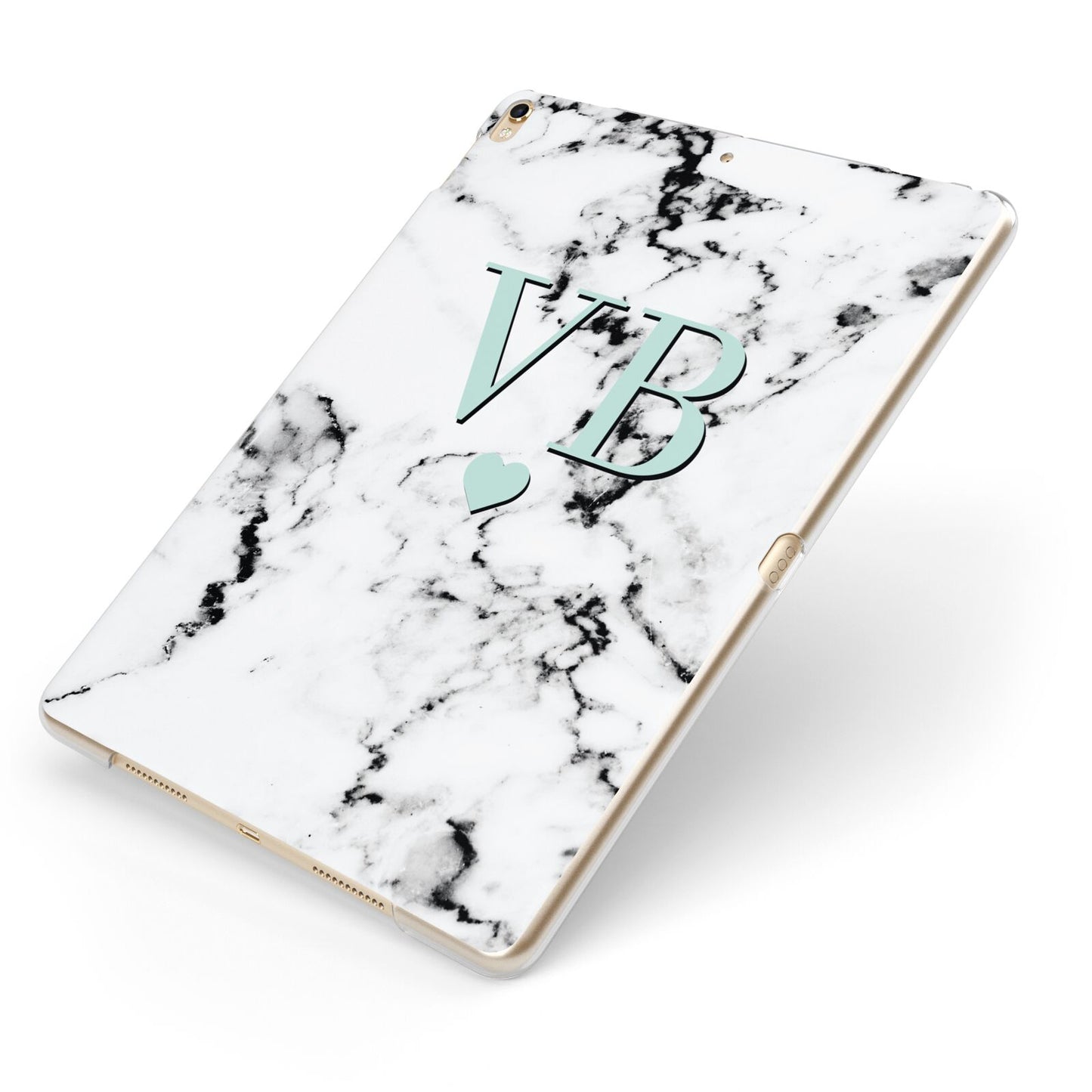 Personalised Mint Initialled Marble Heart Apple iPad Case on Gold iPad Side View