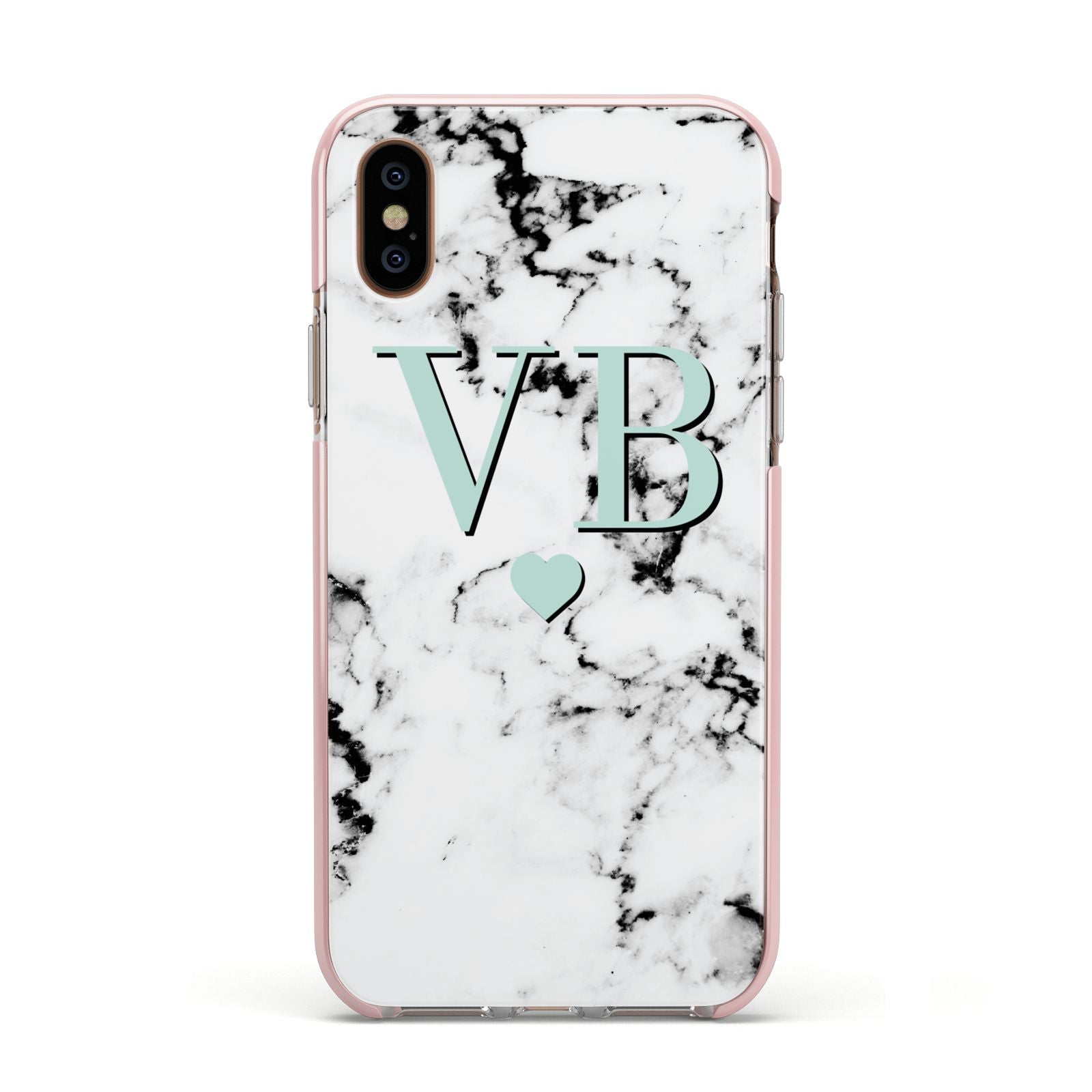 Personalised Mint Initialled Marble Heart Apple iPhone Xs Impact Case Pink Edge on Gold Phone