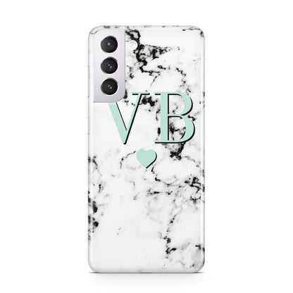 Personalised Mint Initialled Marble Heart Samsung S21 Case