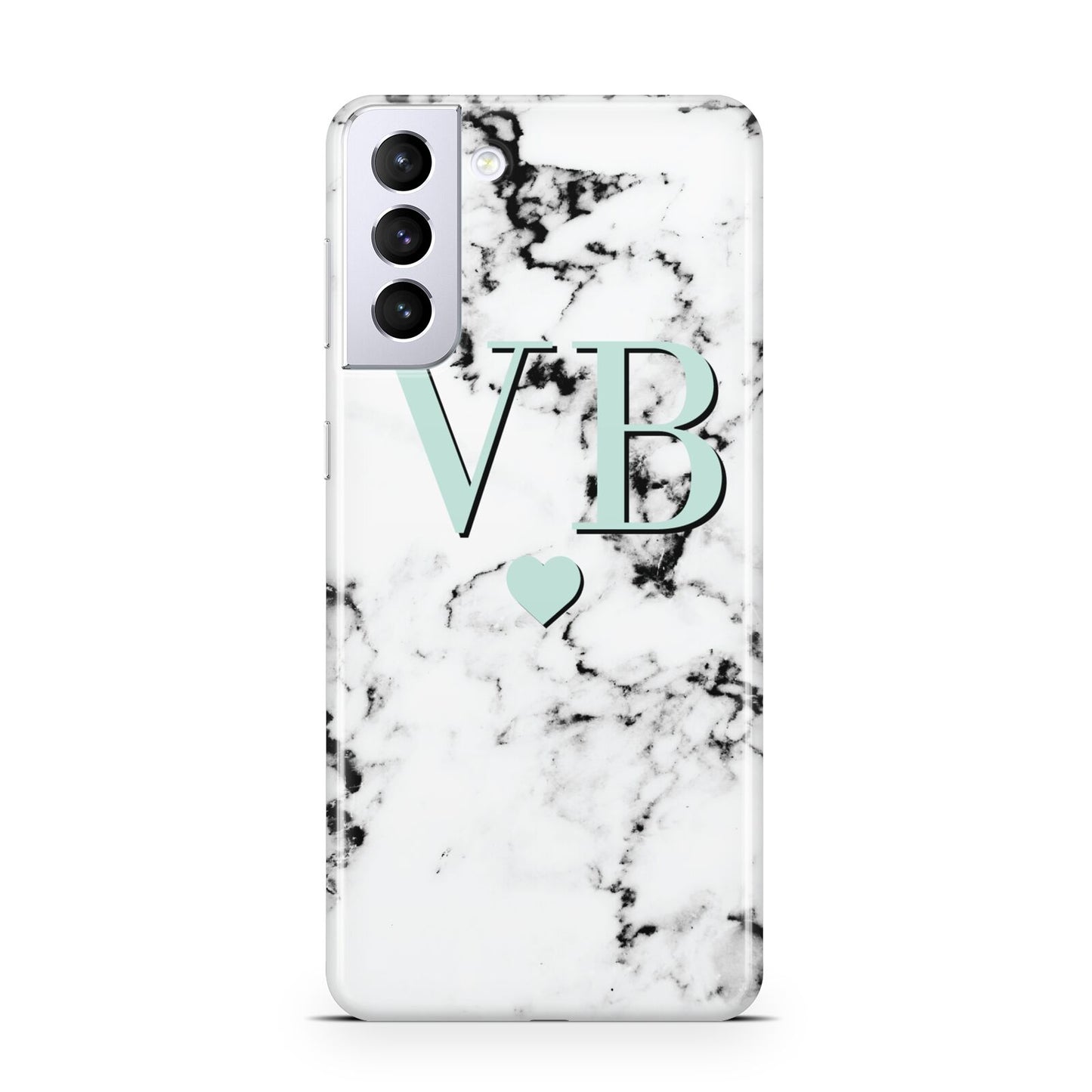 Personalised Mint Initialled Marble Heart Samsung S21 Plus Case