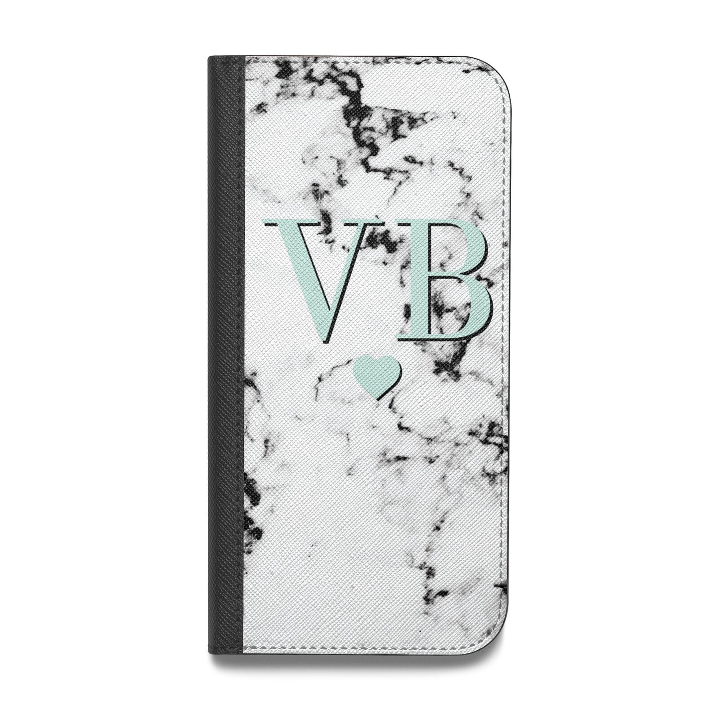 Personalised Mint Initialled Marble Heart Vegan Leather Flip iPhone Case