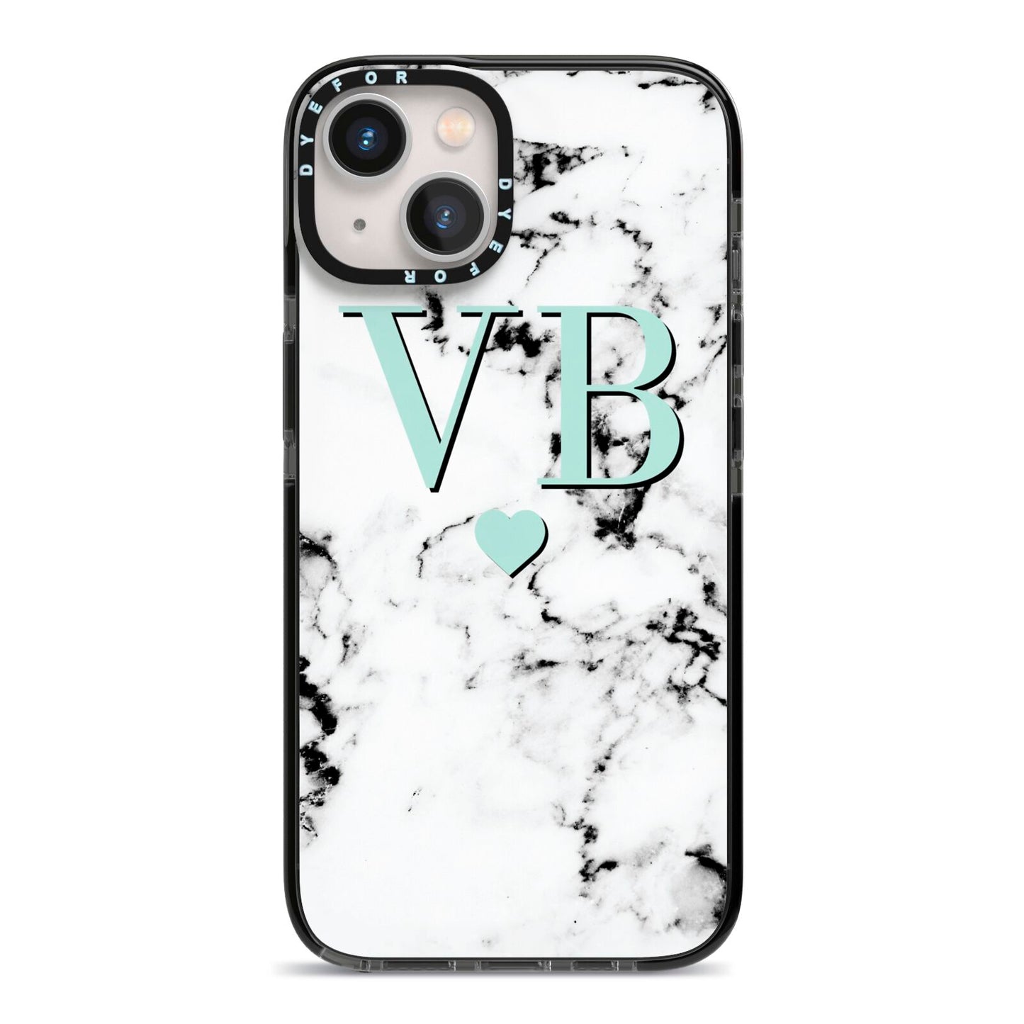 Personalised Mint Initialled Marble Heart iPhone 13 Black Impact Case on Silver phone