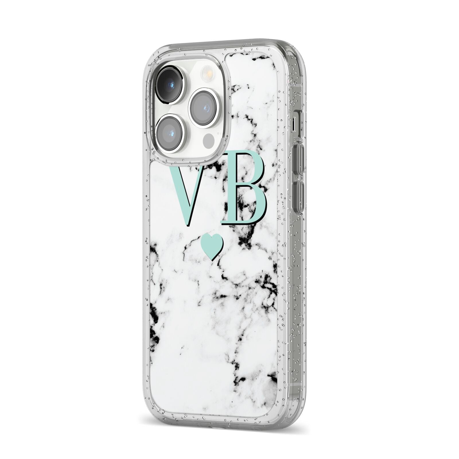 Personalised Mint Initialled Marble Heart iPhone 14 Pro Glitter Tough Case Silver Angled Image