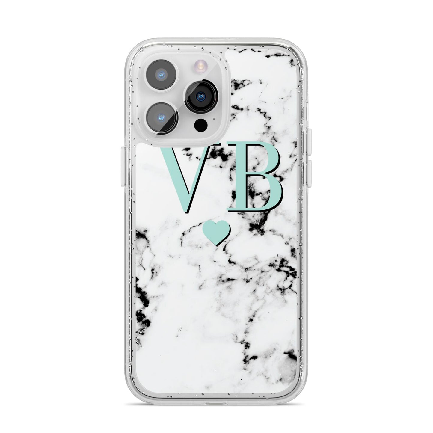 Personalised Mint Initialled Marble Heart iPhone 14 Pro Max Glitter Tough Case Silver