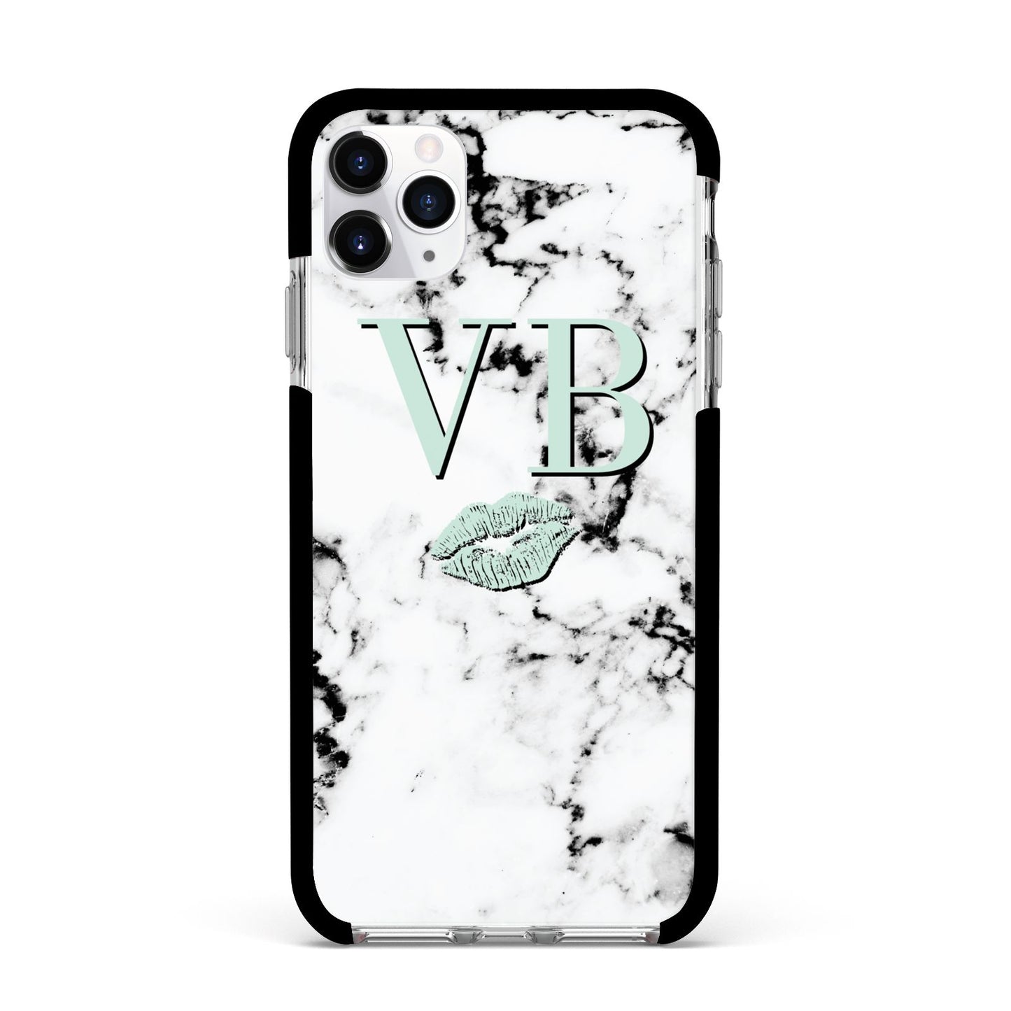 Personalised Mint Lips Initials Marble Apple iPhone 11 Pro Max in Silver with Black Impact Case