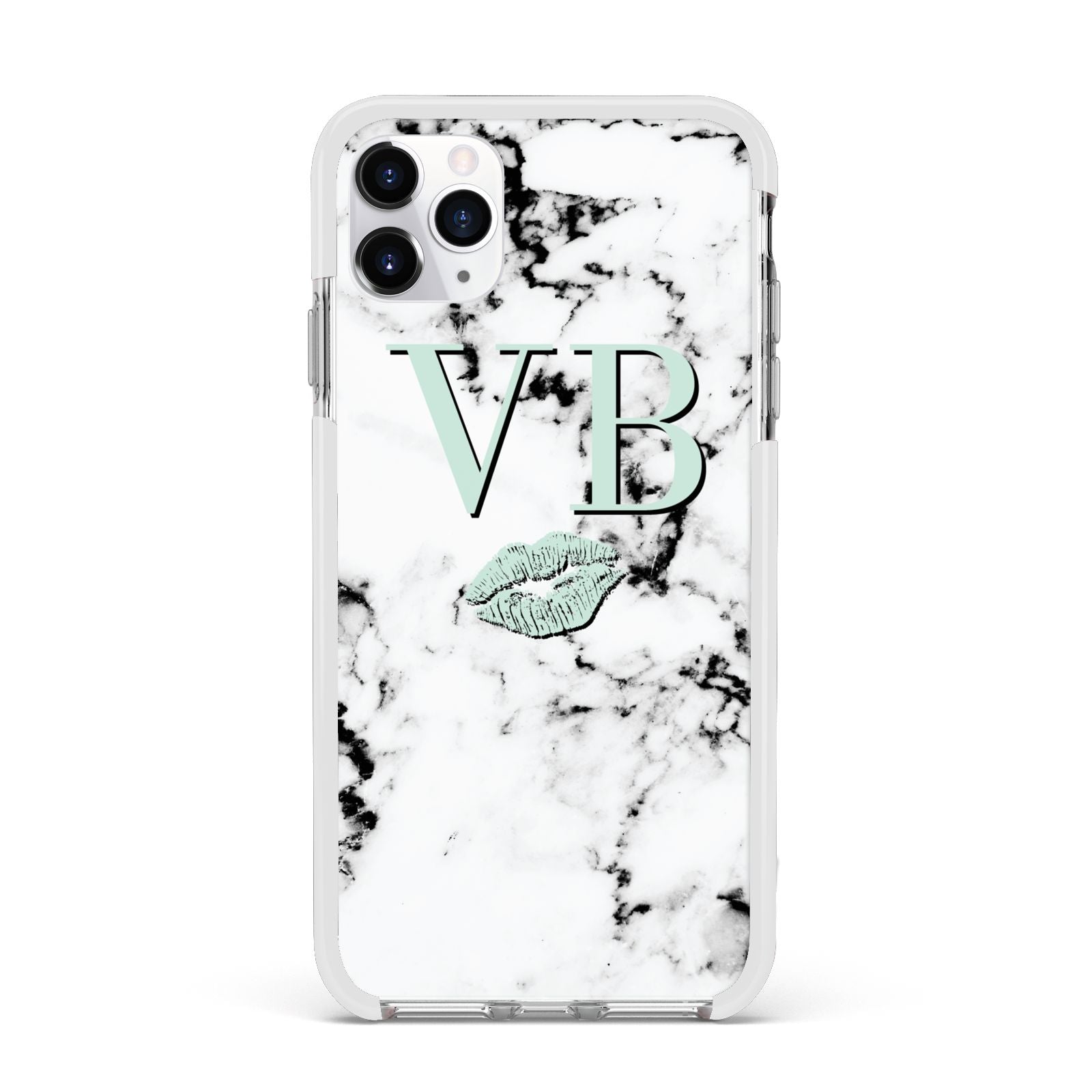 Personalised Mint Lips Initials Marble Apple iPhone 11 Pro Max in Silver with White Impact Case