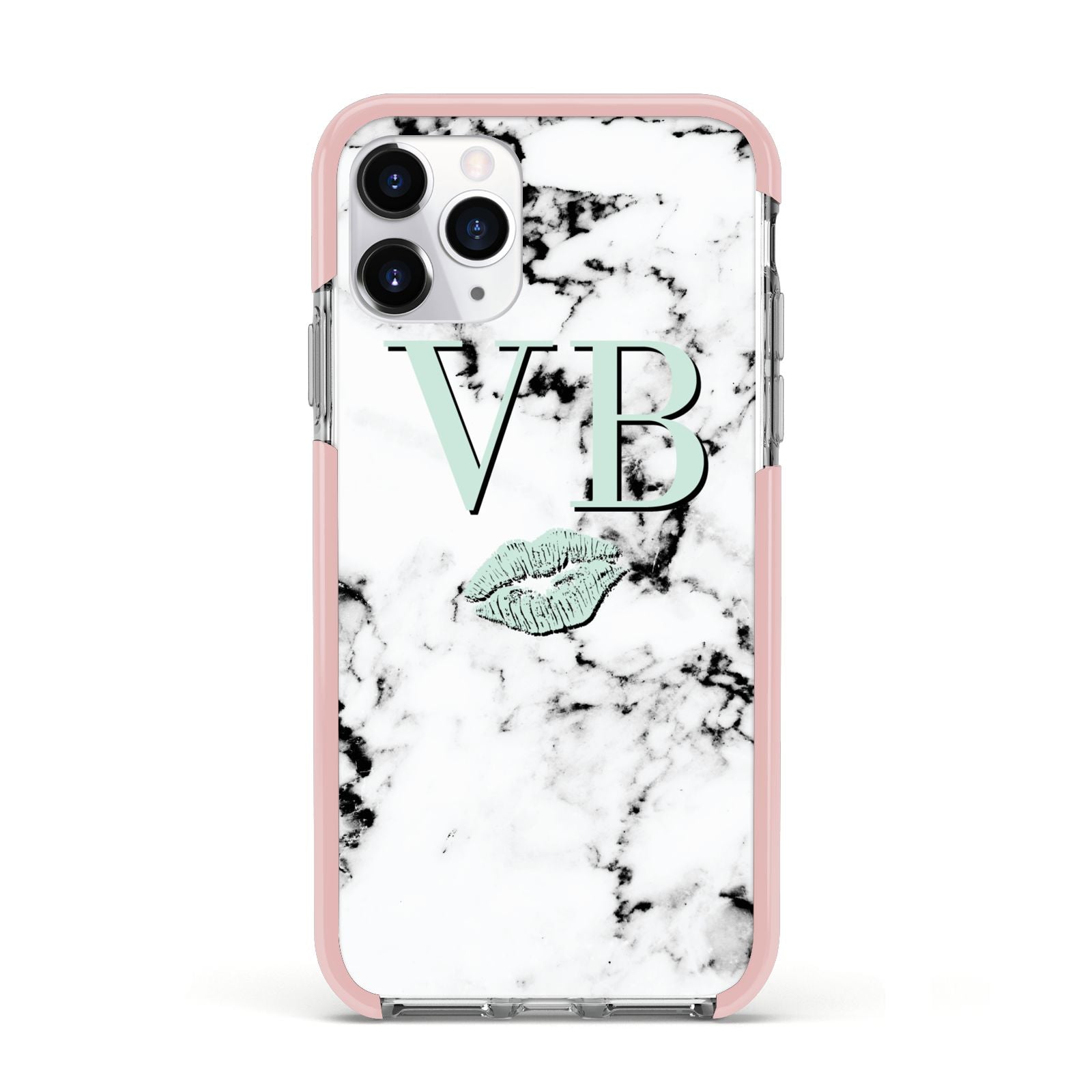 Personalised Mint Lips Initials Marble Apple iPhone 11 Pro in Silver with Pink Impact Case